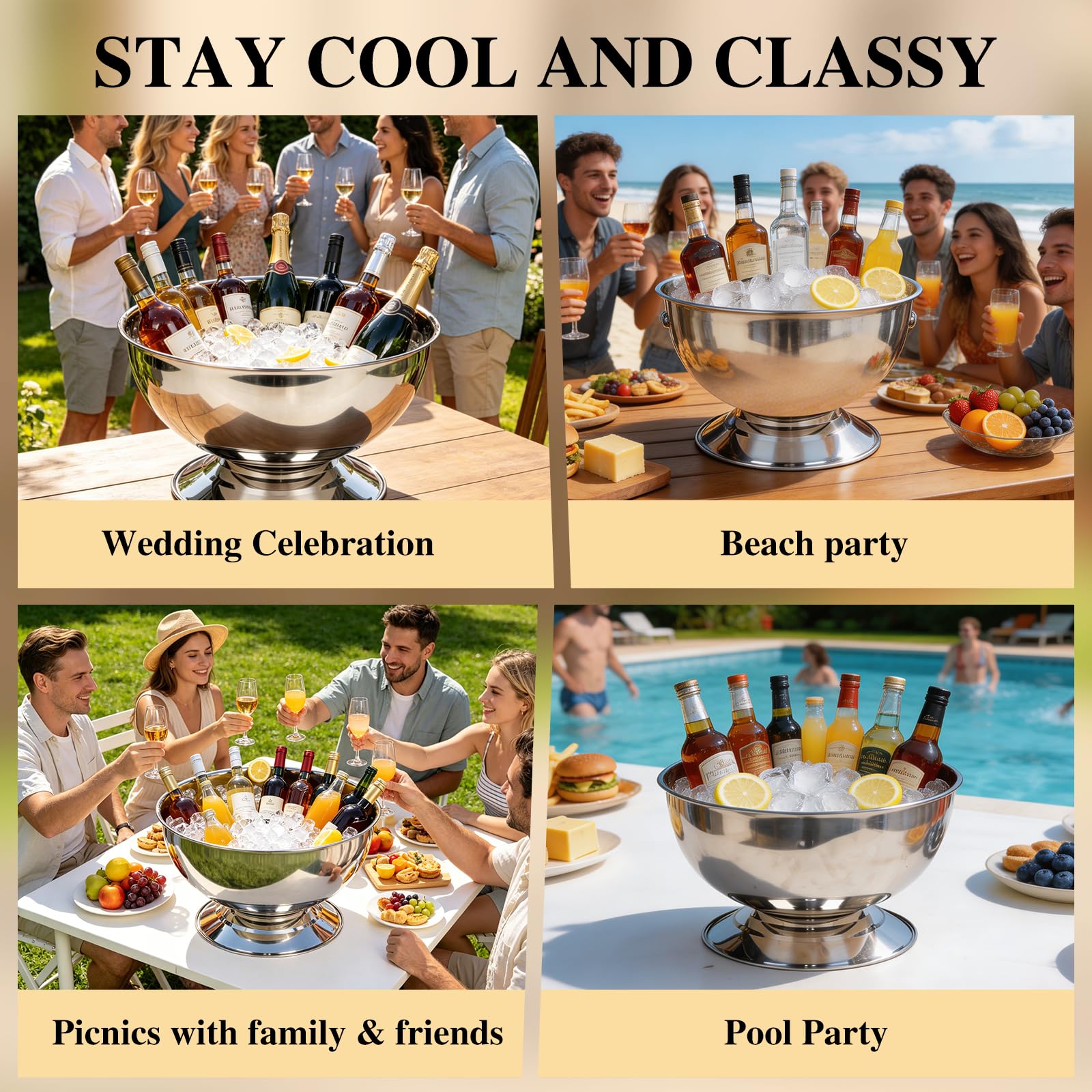 Cubo de hielo de 3 galones para fiestas, cubo de champán de 12 litros de acero inoxidable con cuchara, recipiente grande para hielo con base, perfecto para fiestas, cócteles, celebraciones