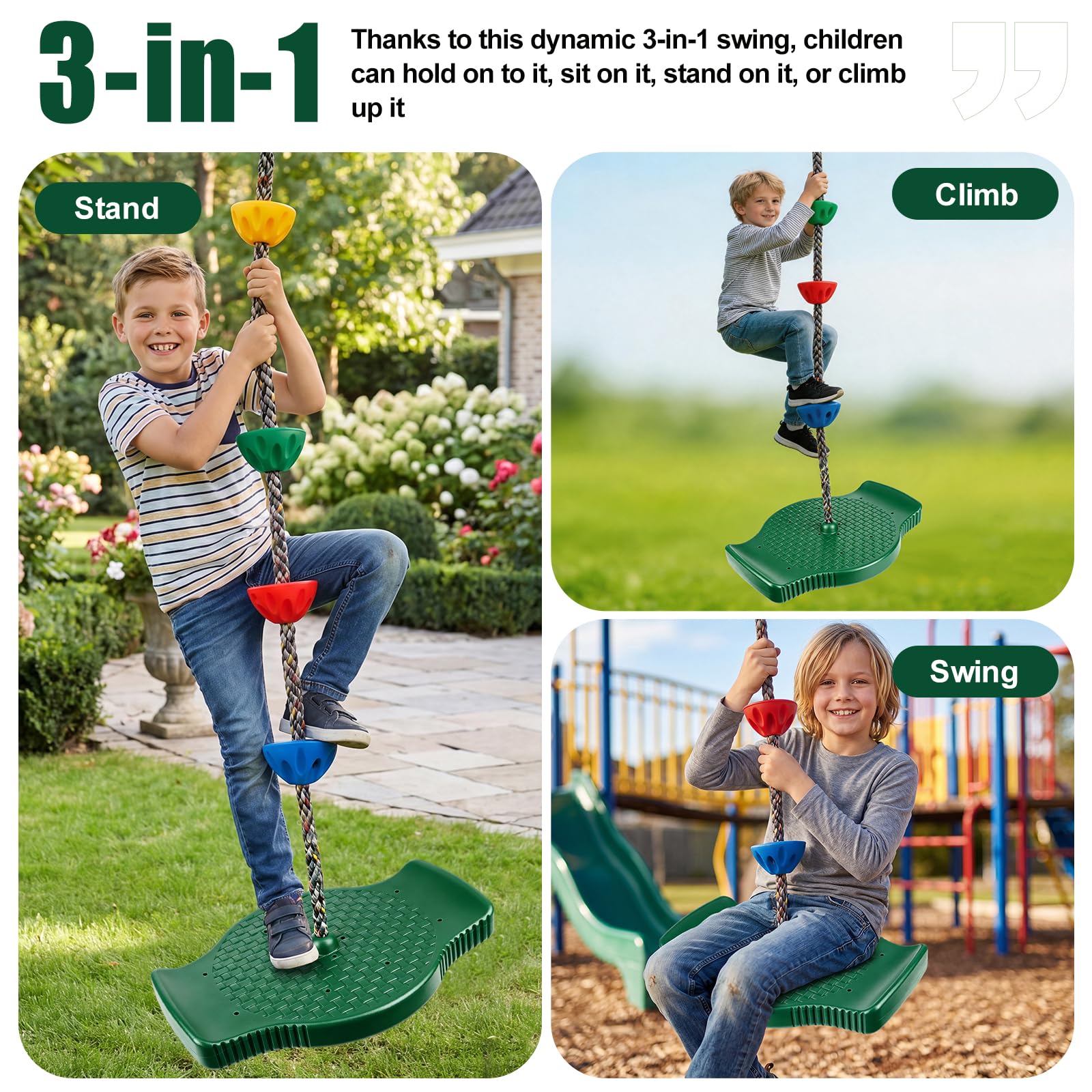Altalena per arrampicata all'aperto, set di sedili a dondolo antiscivolo con corda regolabile lunga 1,9 m, in piedi e seduti, 75 kg, robusta altalena per bambini, per giardino, parchi giochi, bambini