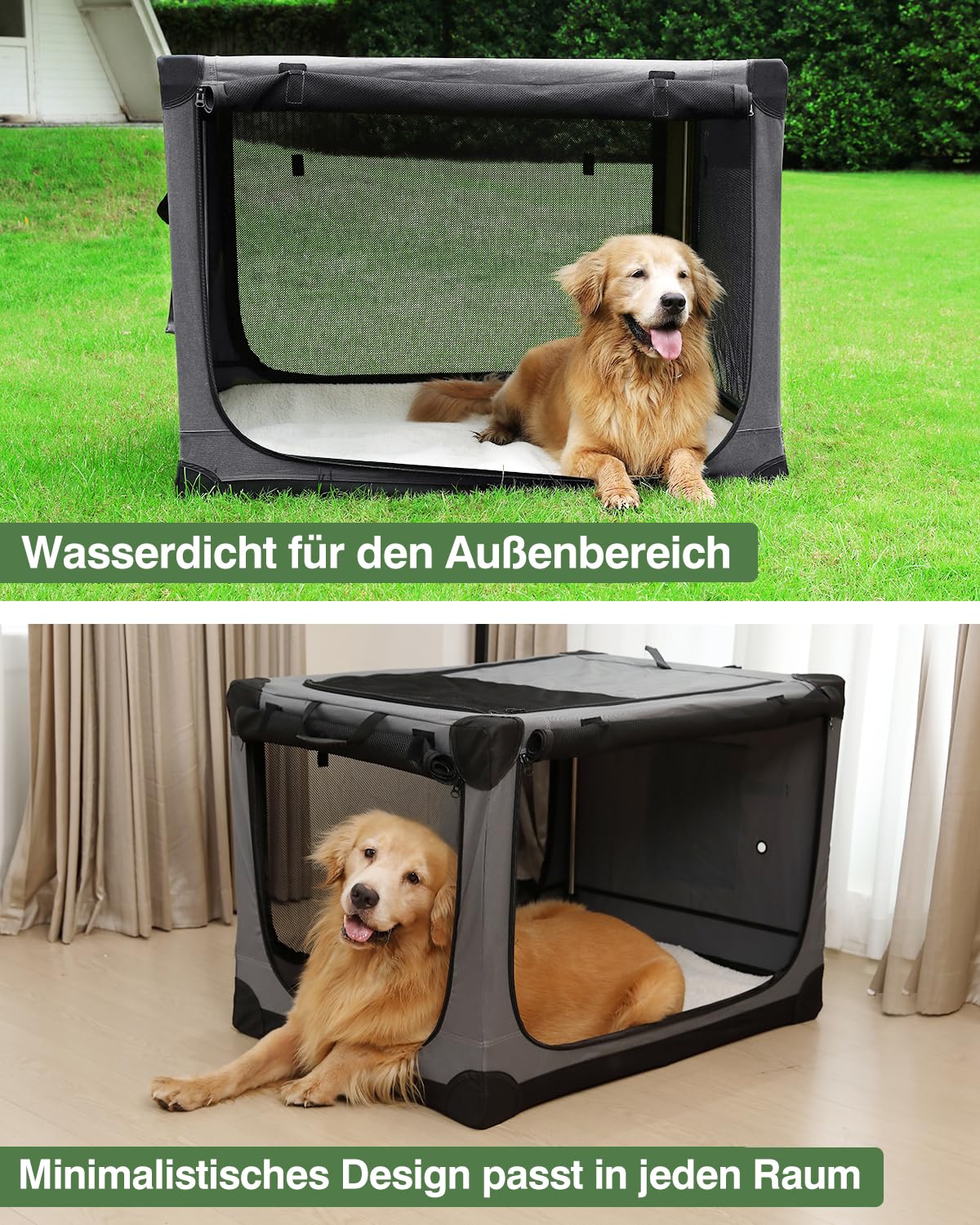 derimkcoa 106 * 78 * 78CM Hundebox faltbar, Hundetransportbox Auto für große Hunde bis 36 kg, tragbare Soft-Hundebox mit reißfesten Netzfenstern, Plüschmatte und Tragetasche,Grau