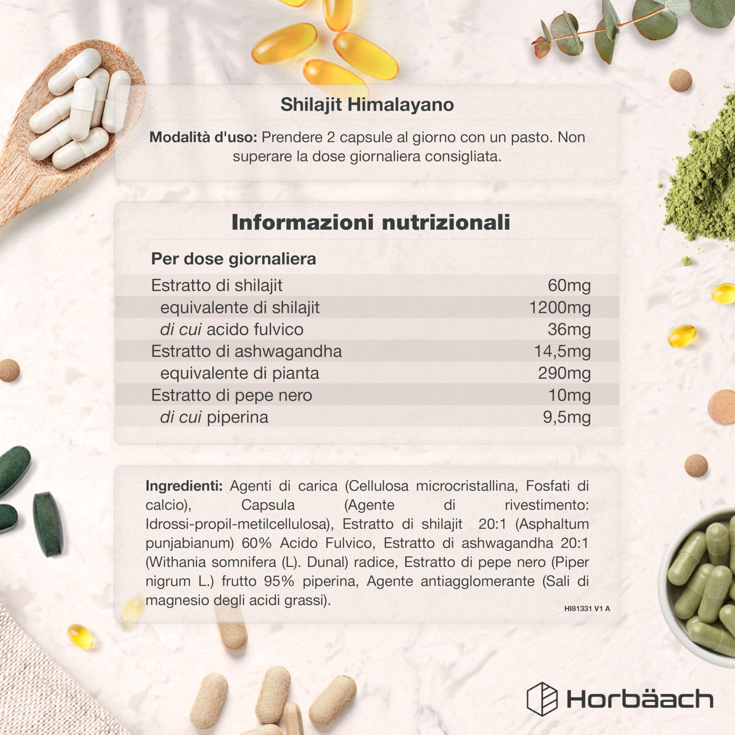 Shilajit Himalayano Puro Capsule | 1500 mg | 60% di Acido Fulvico | 120 Capsule Vegane | Integratore Alimentare di Estratto di Shilajit dalla Fonte Himalayana | Shilajit Complex | Horbaach
