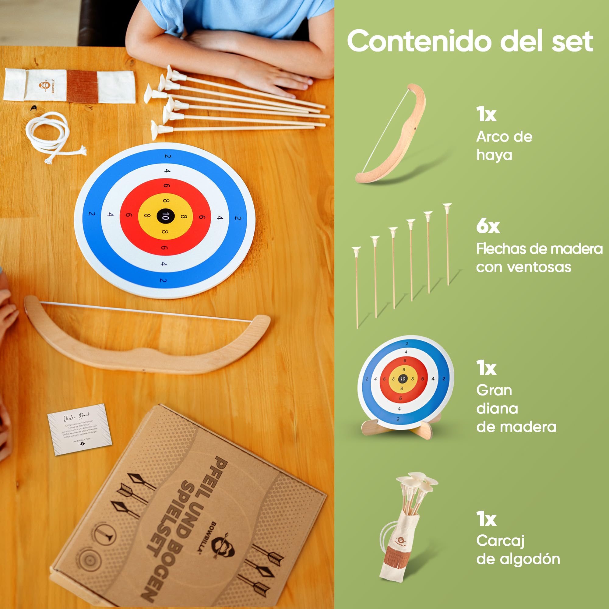 BOWRILLA® Juego de tiro con arco para niños con 6 flechas y diana de madera, ideal para interior y exterior a partir de 3 años