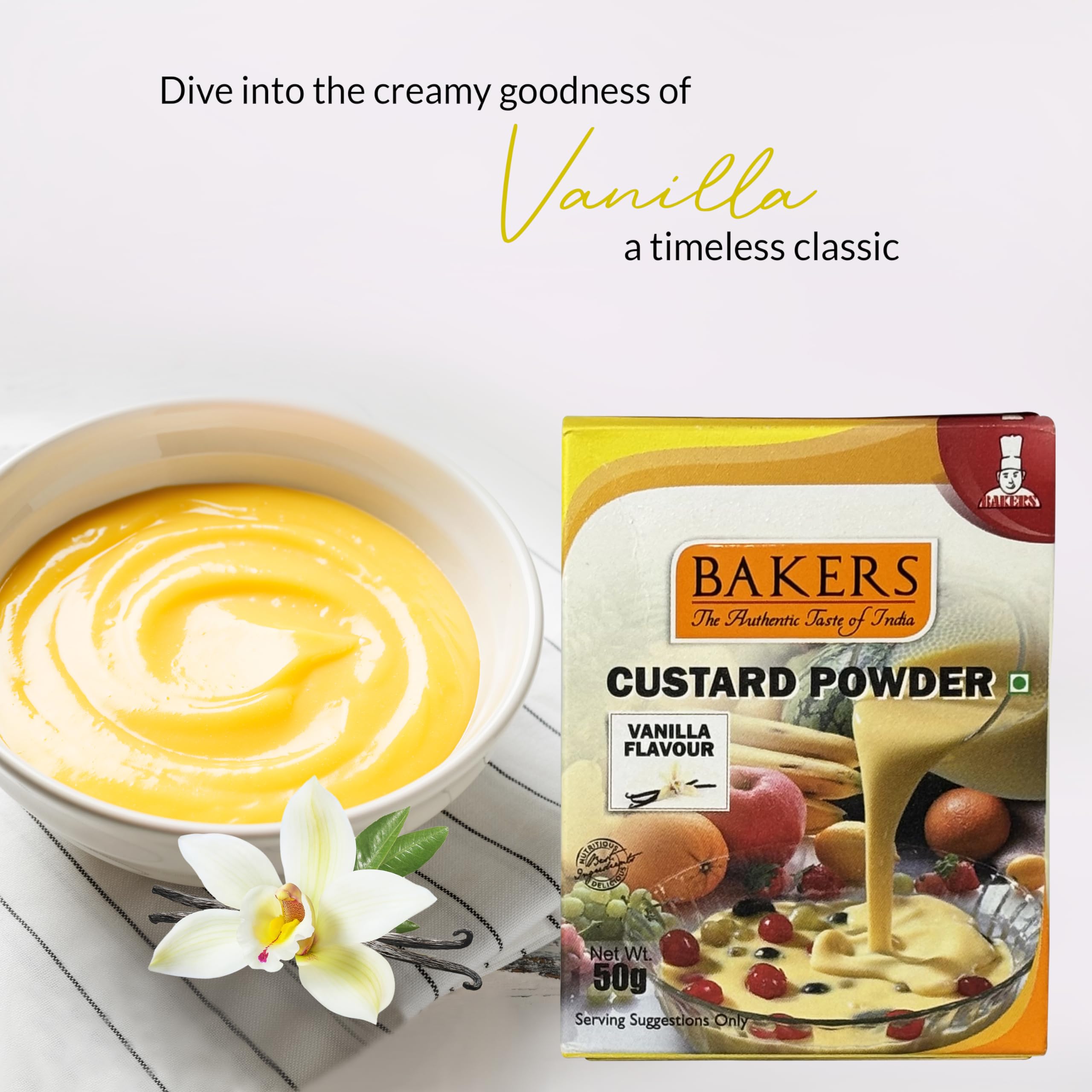 BAKERS Vanilla Flavored Custard Powder | Contains No Eggs | Easy to Make | Long Shelf Life | Smooth & Velvety | Pack of 8 (50 gm x 8) 1
