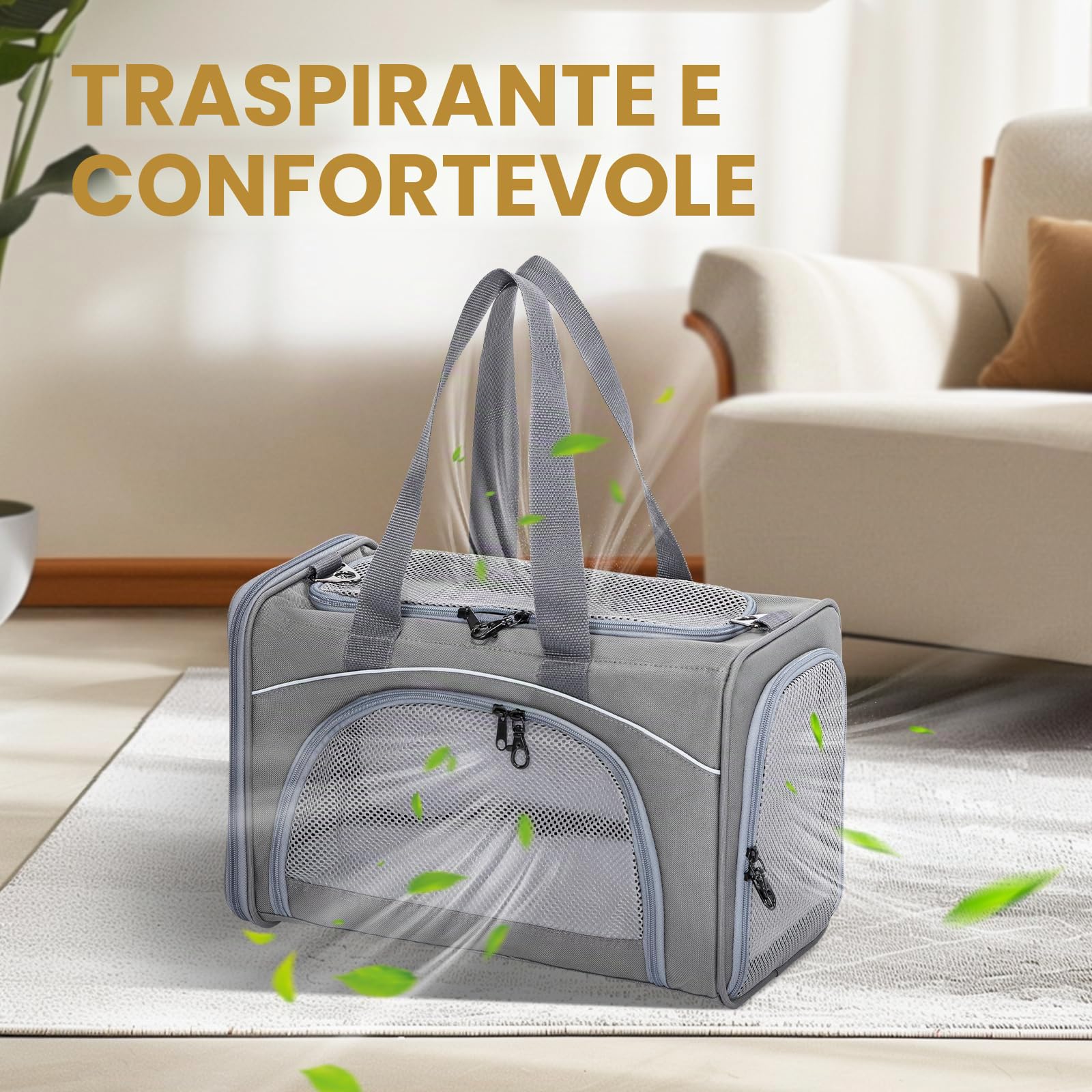 Petsfit Trasportino per Gatti e Cani Traspirante Leggero Trasportino per Cani con 2 Cuscini Lavabile Borsa da Viaggio per Aereo Auto - S/Grigio