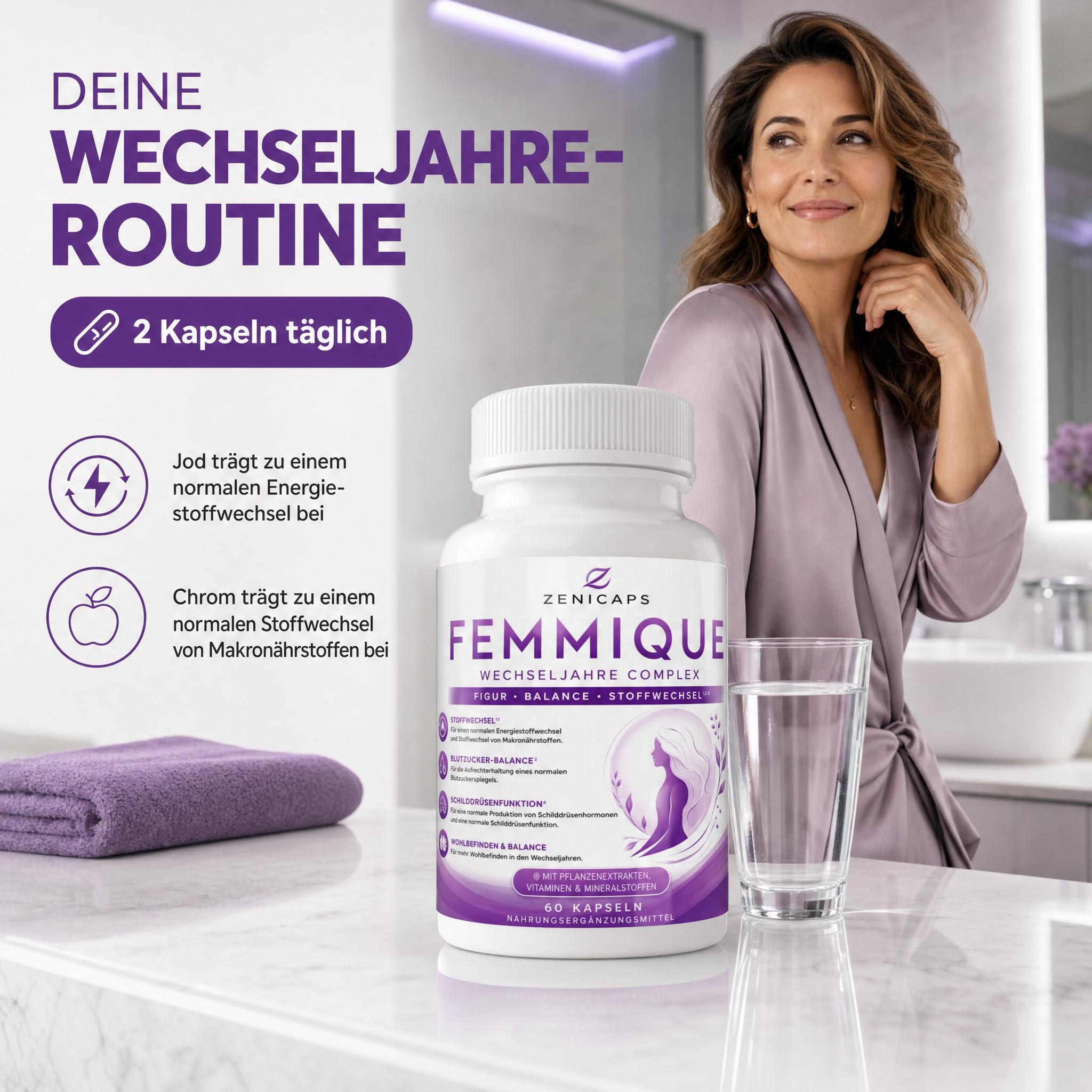 FEMMIQUE Wechseljahre Complex 60 Kapseln – Frauen Komplex mit Jod & Chrom – für normalen Energiestoffwechsel, Makronährstoffwechsel & Schilddrüsenfunktion
