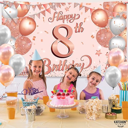 Miniatura 7 de KatchOn, Cartel de feliz cumpleaños número 8 de oro rosa – XL, 72 x 44 pulgadas | Telón de fondo de 8º cumpleaños para decoraciones de feliz