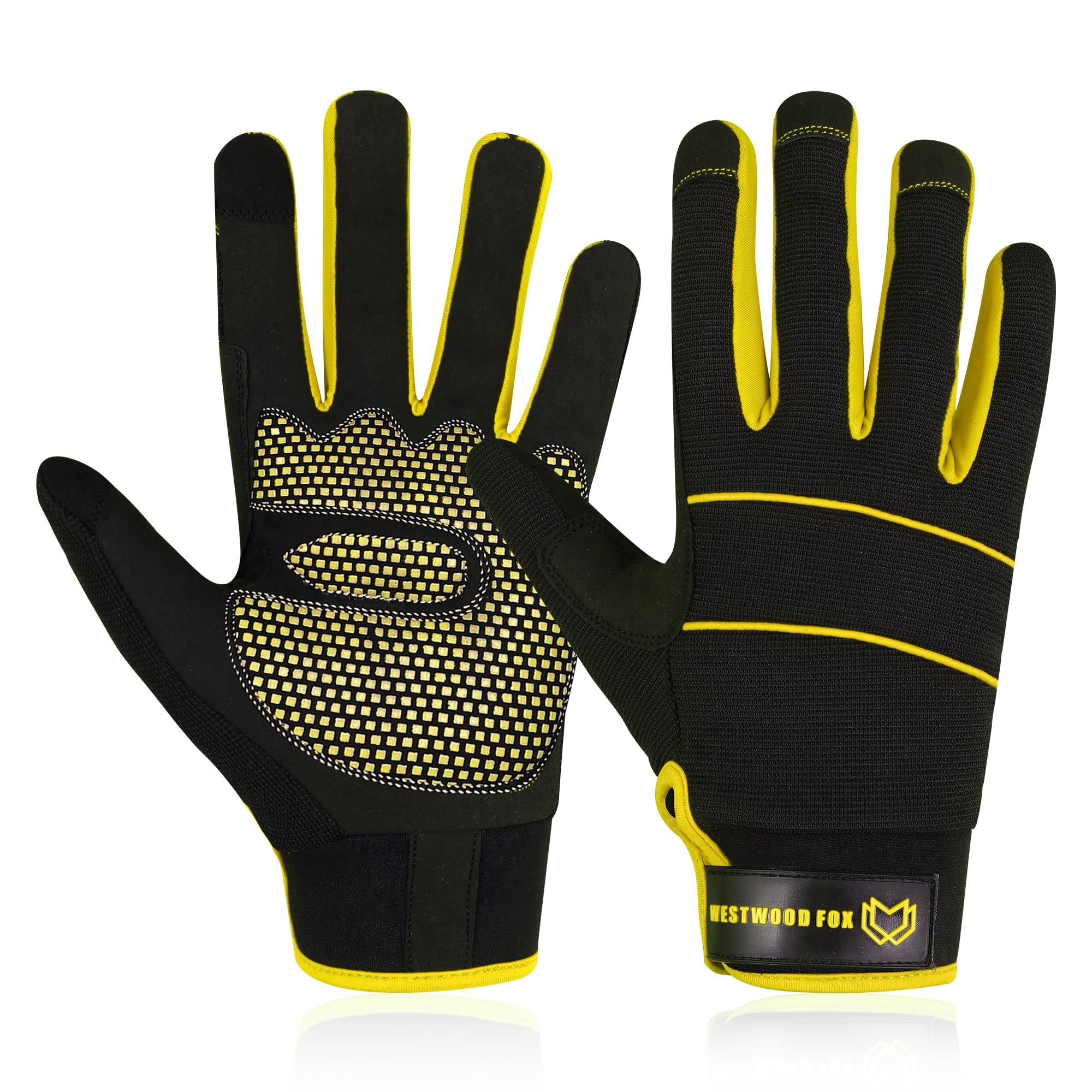 WESTWOOD FOX Mens Working Gloves Utility Workman Mechanic Gloves Touch Screen Anti slip Palm Padded Knuckles Safety Work Gloves Rigger Mechanic (Yellow, M)