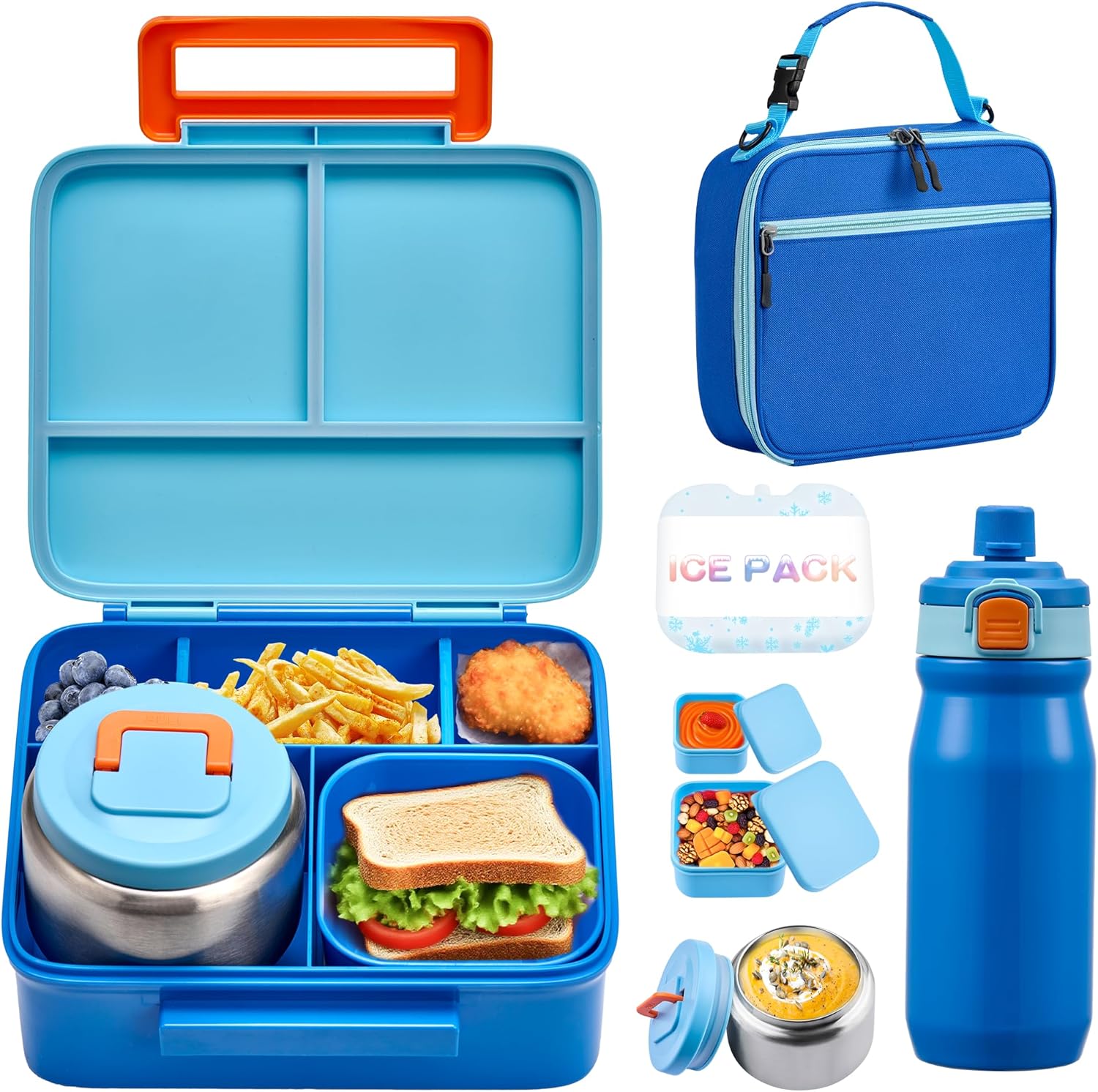 (Incomplete) MAISON HUIS Kids Bento Box Set - Includes 8oz Soup Thermo, Insulated Lunch Bag & 17oz Stainless Steel Water Bottle, 5-Compartment Bento Box with Built-In Ice Pack, Leak-Proof & BPA-Free(Blue) Blue 1