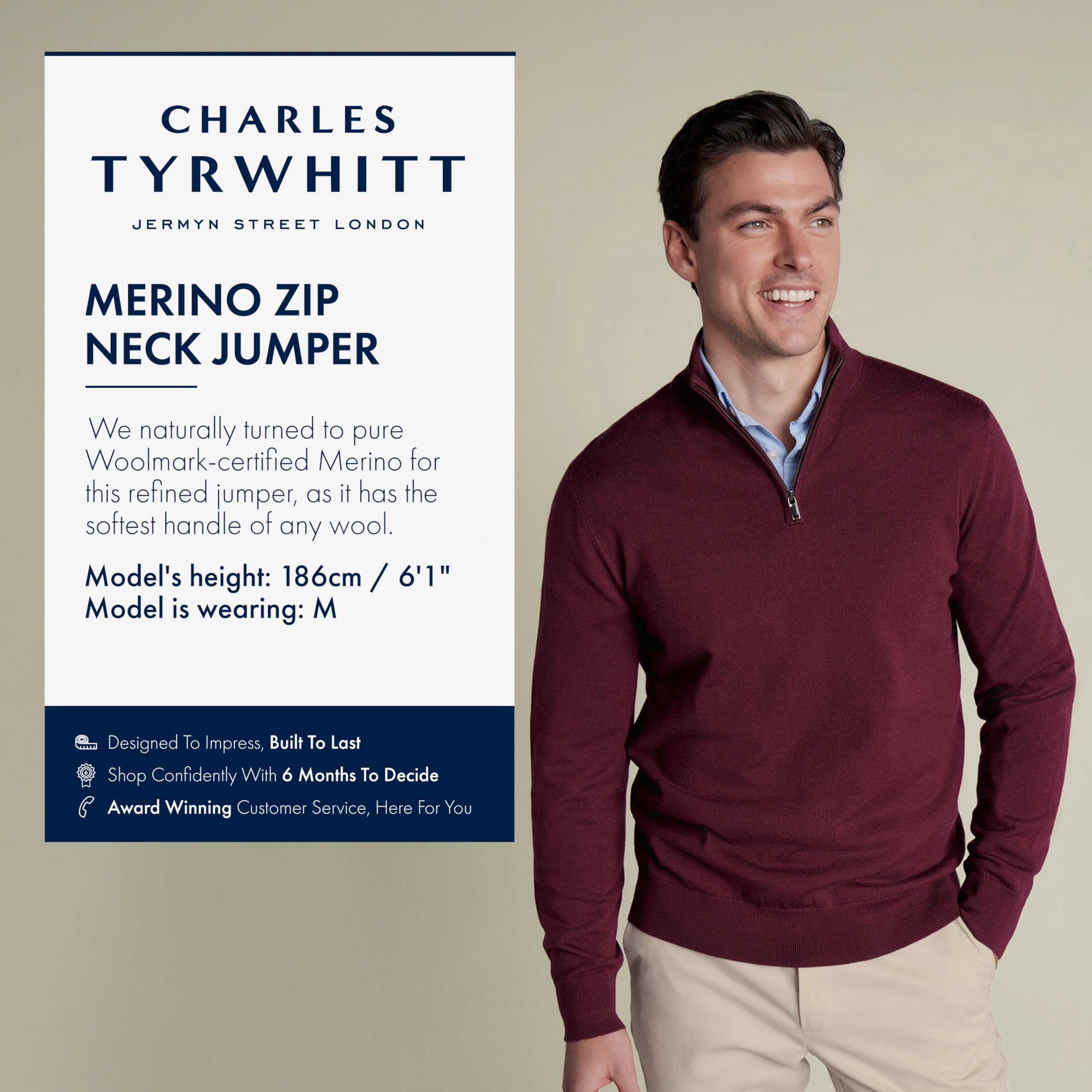 Charles Tyrwhitt Forest Green Pure Merino Zip Neck Jumper Maglione Uomo (Pacco da 1)