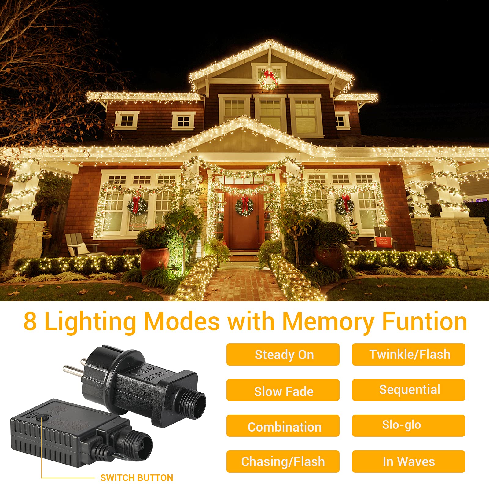 ELKTRY Luci Natale Esterno, 1000LEDs 25M Luci per Albero di Natale, Catena Luminosa Esterno Impermeabile con 8Modalità, Stringa Luci Natalizie per Albero/Natale/Giardino/Interno/Festa, Bianco Caldo