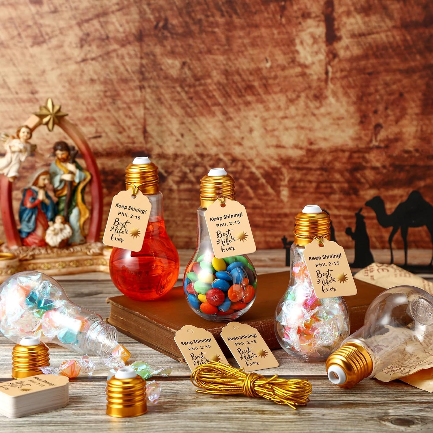 36 Pack 100 ml Bible Motivational Plastic Light Bulb Jar with Keep Shining Card and Gold String Light Bulb Candy Container Clear Fillable Light Bulb Drinking Cups for Church Gift