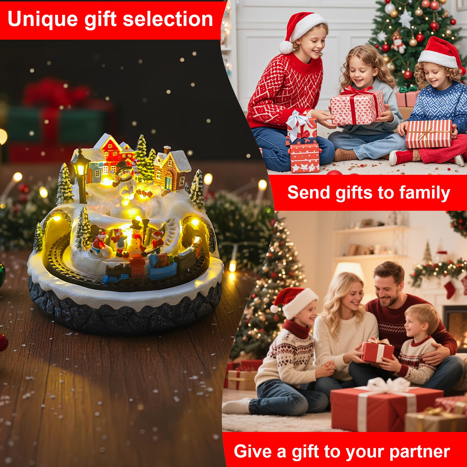 Décoration de village de Noël avec train rotatif et bonhomme de neige, bâtiments musicaux de collection, 8 chansons, lumières LED, fonction minuteur et deux options d'alimentation (USB ou batterie