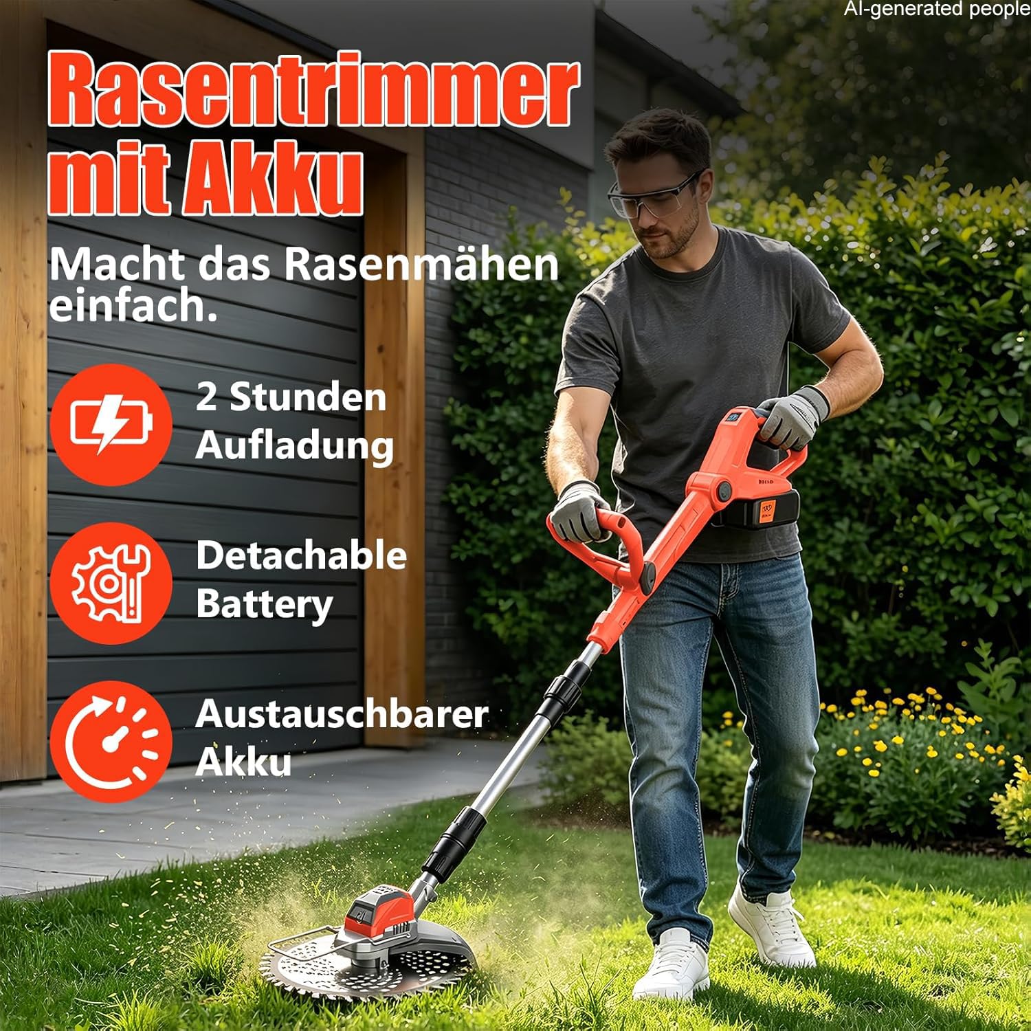 21V Rasentrimmer mit Akku, 3 in 1 Rasenkantenschneider mit Unkrautbürste, Faltbar Elektrischer Motorsense, Freischneider mit 3 Verschiedenen Klingen für Rasenschneiden Rasenpflege (Rot-1)