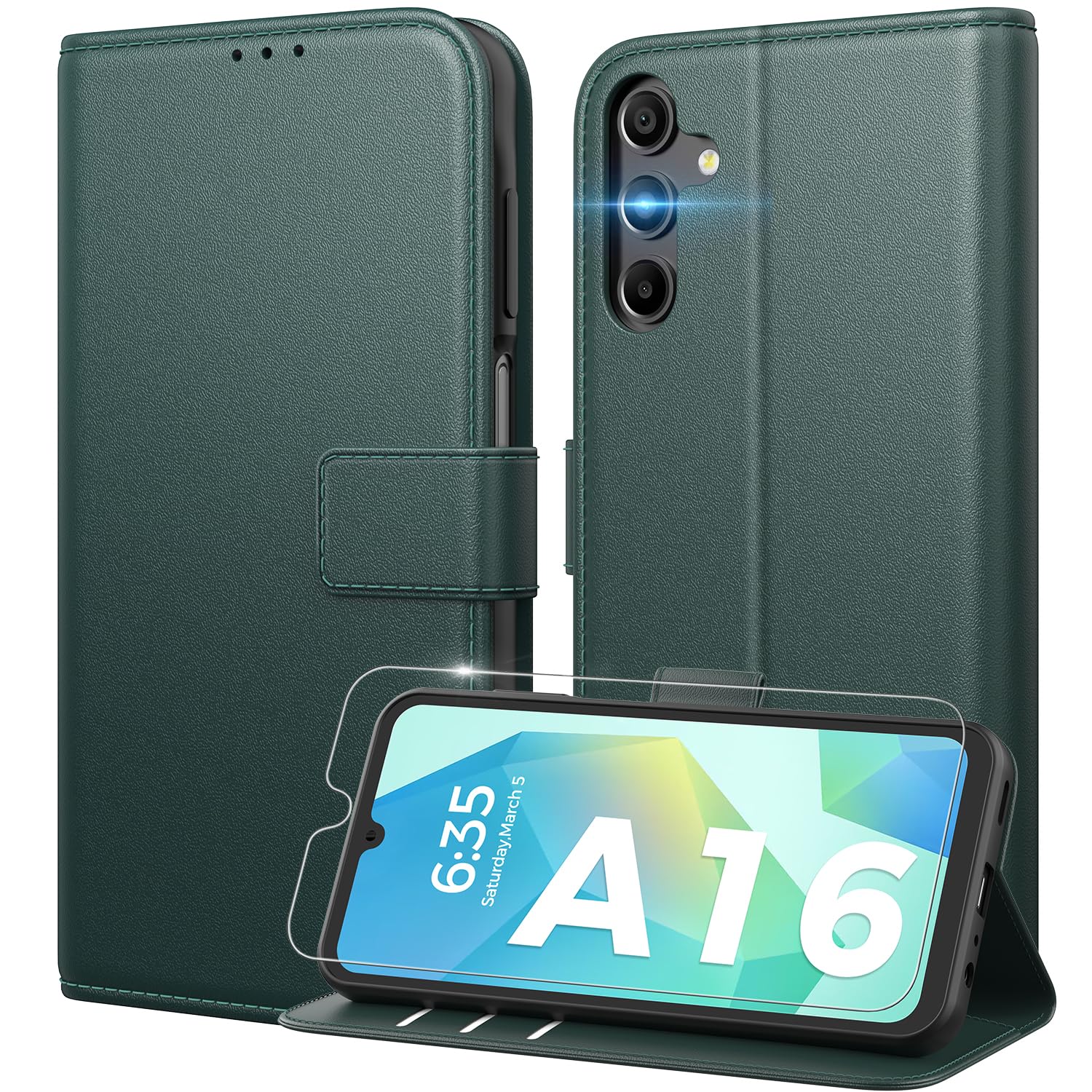 Peakally Handyhülle für Samsung Galaxy A16 5G Hülle [Mit 1 Stück Panzer Schutz Glas] [Premium PU Leder] [RFID-Blockierung] [Kartenfach] Klapphülle kompatibel mit Galaxy A16 5G / A16 4G - Grün