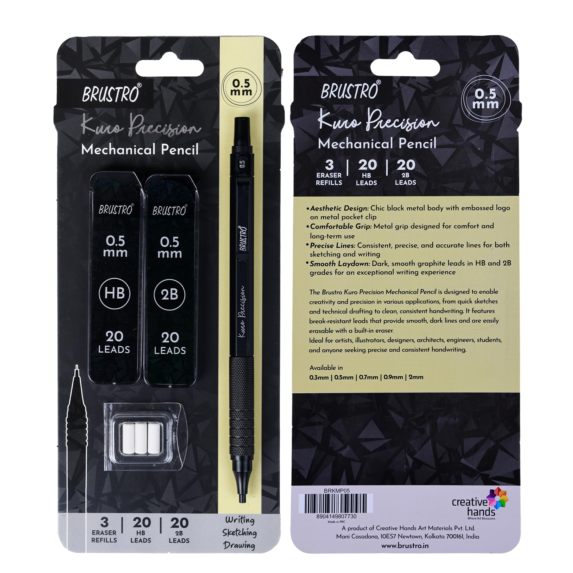BRUSTRO Kuro Precision Mechanical Pencil | Tip Size - 0.5mm With 20 - HB and 20-2B leads, 3 Eraser Refills| Ideal For Writing, Sketching, Drawing, Mandala Arts and Fine Art Students 2