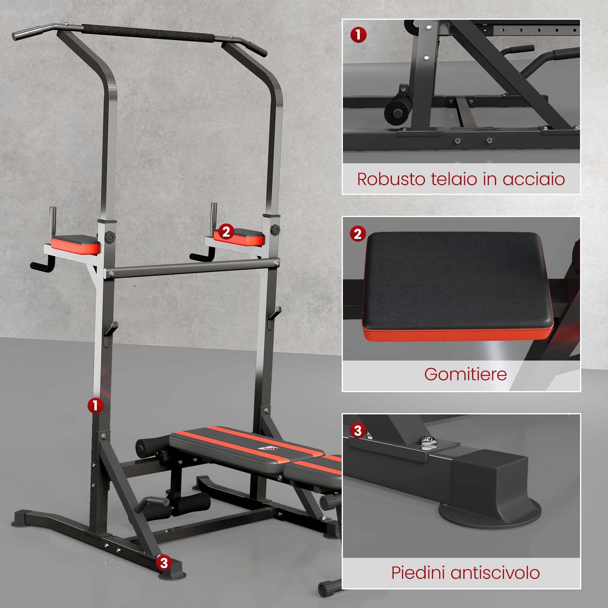 HOMCOM Power Tower Pieghevole, Stazione Fitness Multifunzione Regolabile in 7 Posizioni con Sbarra Trazioni, Dip Station, Pull UP Station e Panca Piana in Acciaio, per Home Gym Casa, Portata 150kg