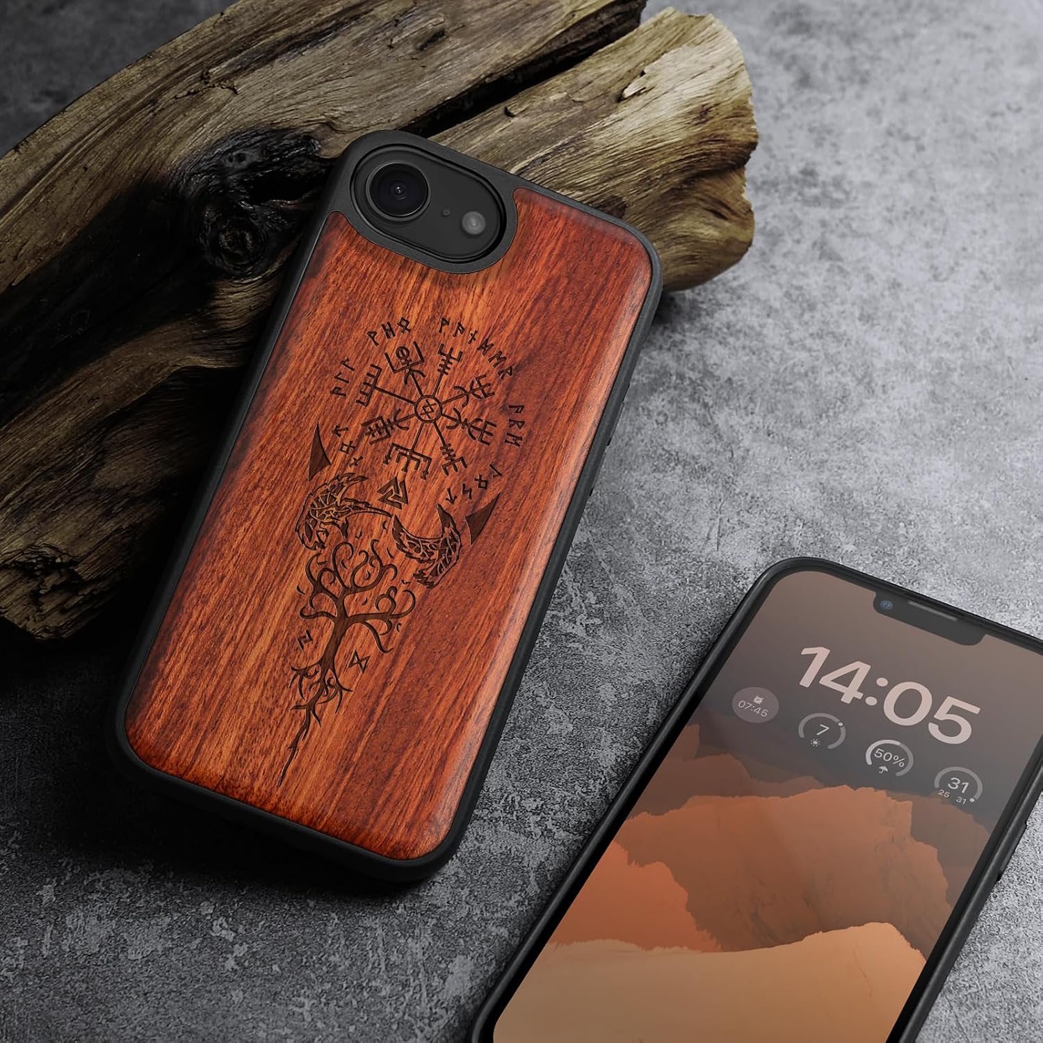 Carveit Magnetic Wooden Case for iPhone 16e / 17e, Solid Wood & Black TPU, Artisan Engraved Design, Shockproof Cover, Compatible with MagSafe Wireless Chargers, The Guiding Vegvisir - Rosy