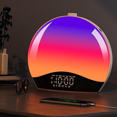Reloj despertador con luz de amanecer, reloj despertador de escotilla para niños, máquina de ruido blanco Bluetooth con 22 sonidos relajantes, 17