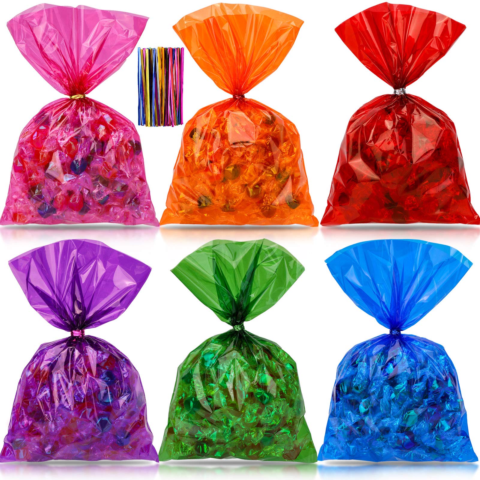 Qpout 180pcs Colorful Cellophane Bags,Mix Holiday Colors Clear Candy Cookie  Treat Bags with Twist Ties for Bakery Biscuit Chocolate Snacks Dessert
