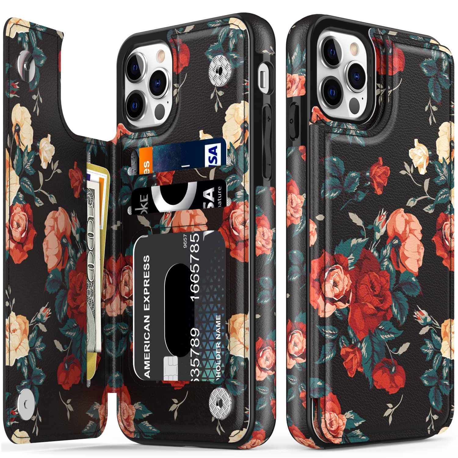 LETOfor iPhone 14 Pro Case,Luxury Flip Folio Leather Wallet Case Cover with Fashion Designs for Girls Women,Built-in Card Slots Kickstand Protective Phone Case for iPhone 14 Pro 6.1" Pink Red Roses