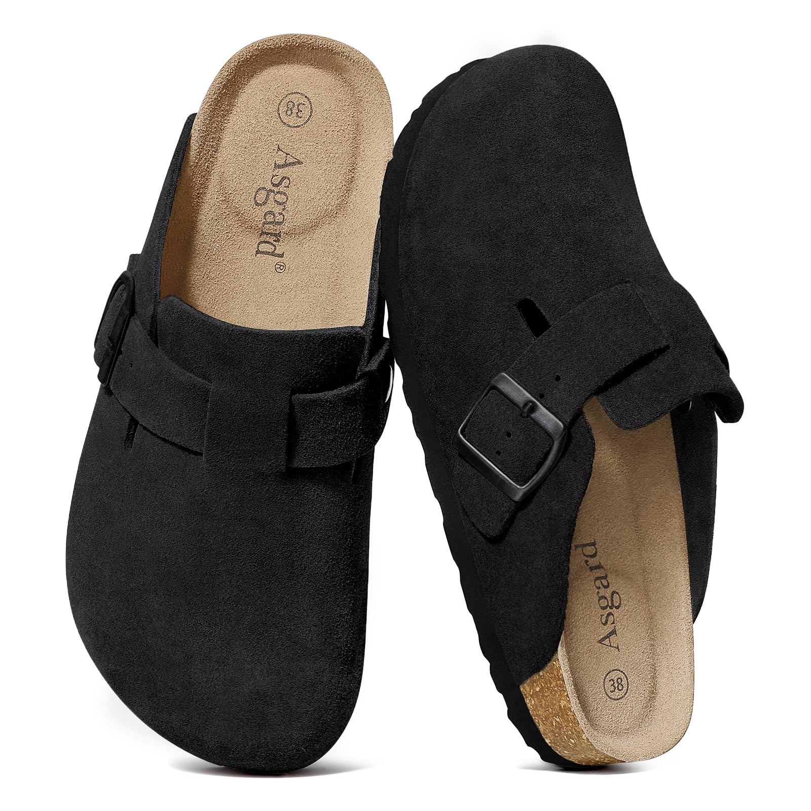 Asgard Genuine Suede Clogs for Women Men with Comfortable Cork Footbed 8-8.5 Women/6.5-7 Men Black