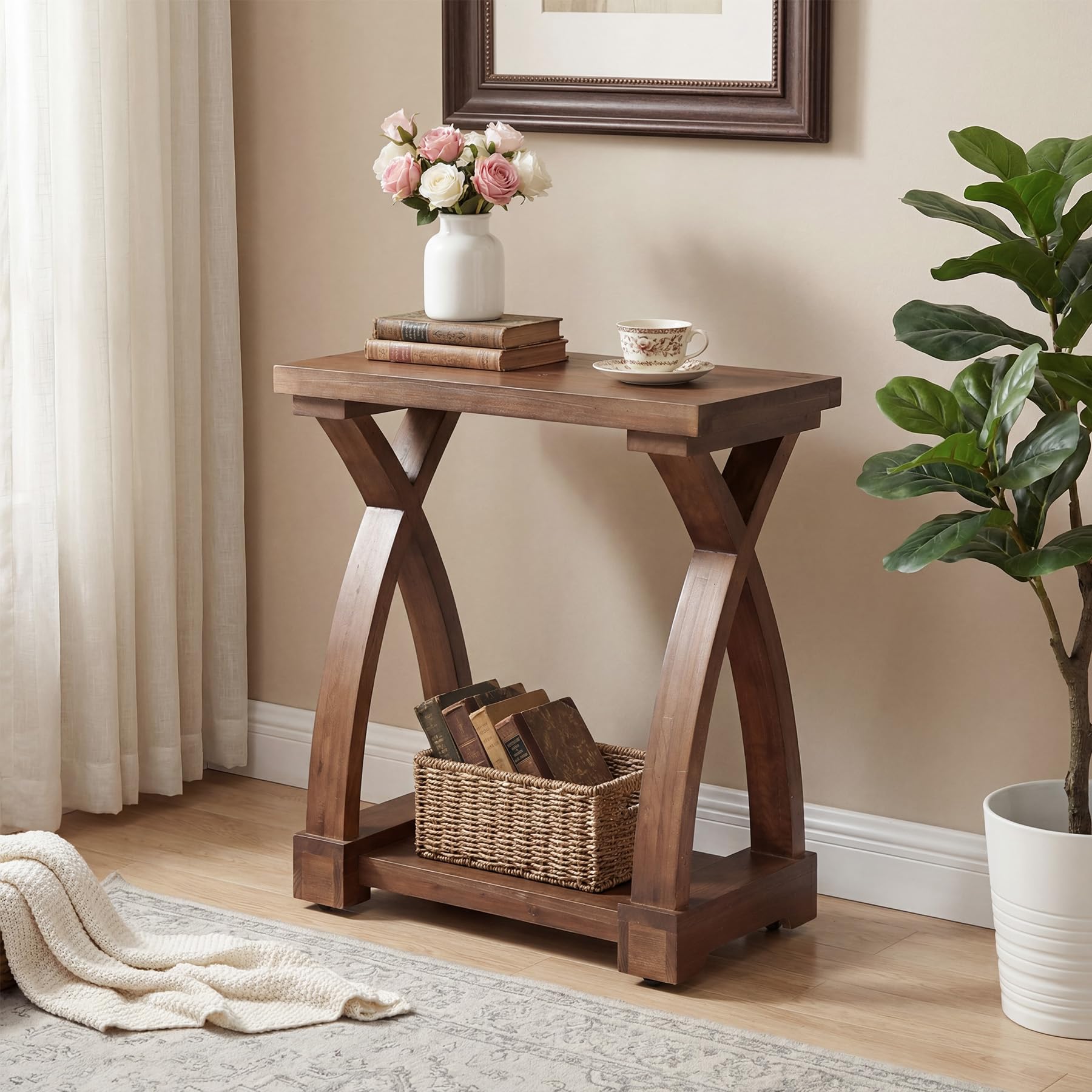 Mesita de Salón de Madera Maciza, Mesa Auxiliar de 2 Niveles con Estante de Almacenamiento, Mesita de Noche Delgada de Madera para Sofá, Sala de Estar, Dormitorio, Espacio Pequeño