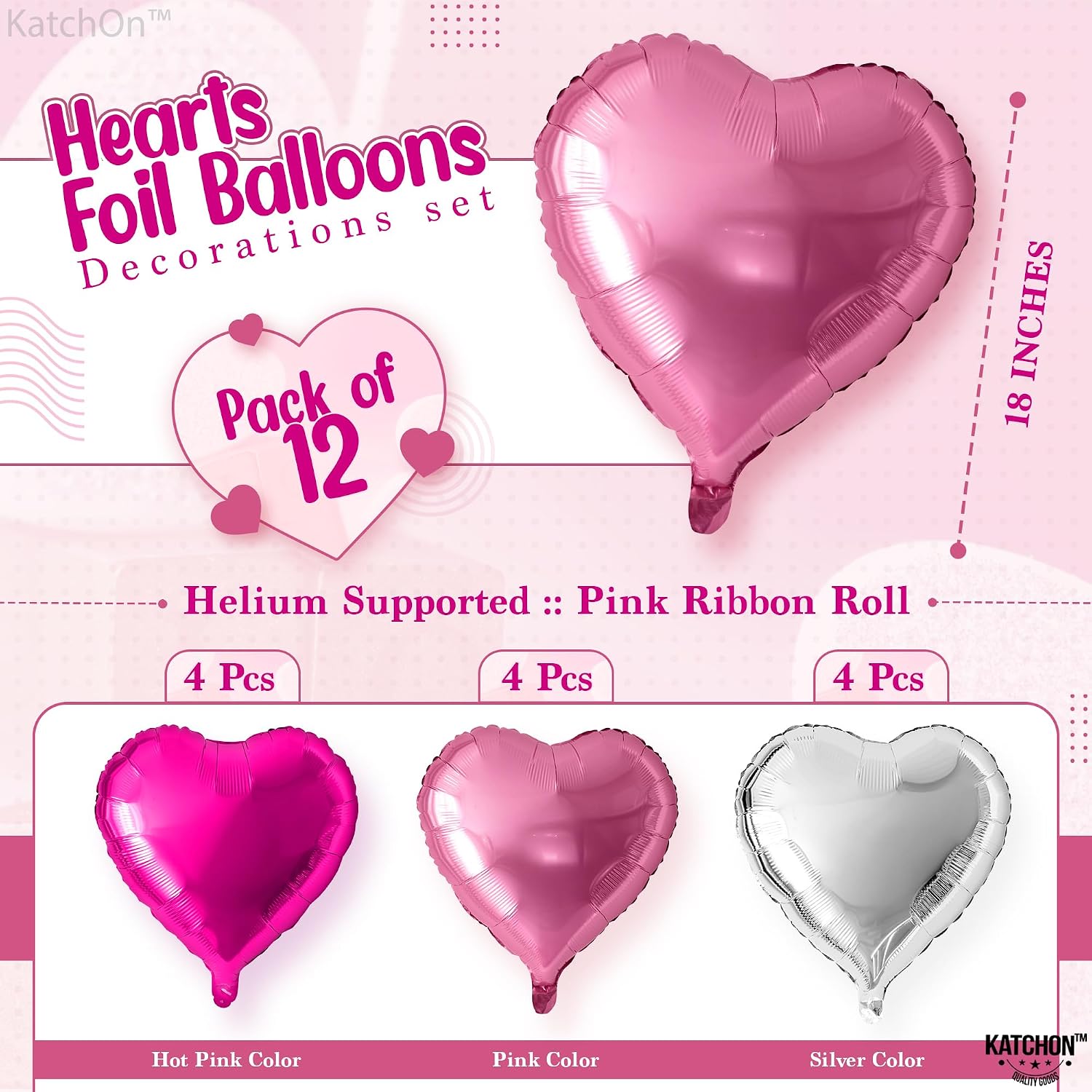 KatchOn, Silver and Pink Heart Balloons- 18 Inch, Pack of 12 | Heart Shaped Balloon for Valentines Day Decorations | Galentines Balloons for Galentines Day Decorations | Happy Valentines Day Balloon
