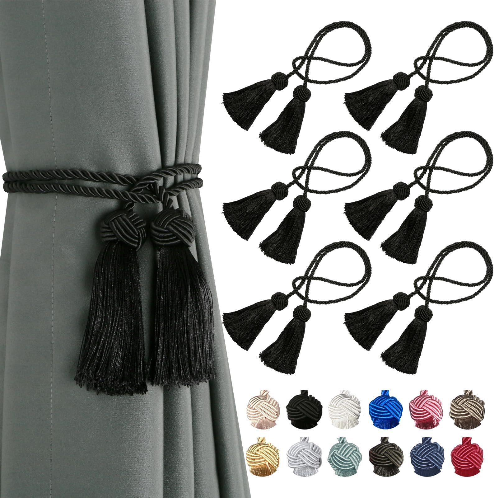 BEL AVENIR 6 Pack Curtain Handmade Tiebacks Decorative Curtain Holdbacks with Tassel… (Black, 6 Pack)