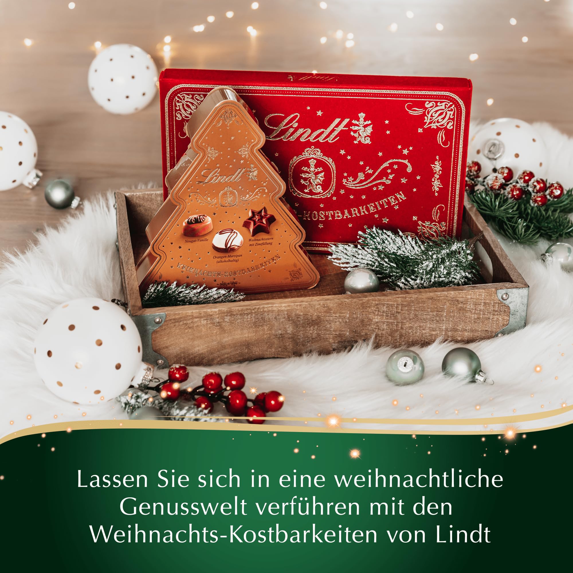 Lindt Schokolade | Weihnachts-Kostbarkeiten Pralinés-Tannenbaum | 100g | edle Pralinen in 6 festlichen Sorten, teilweise mit Alkohol | Premium Pralinen-Geschenkbox zu Weihnachten