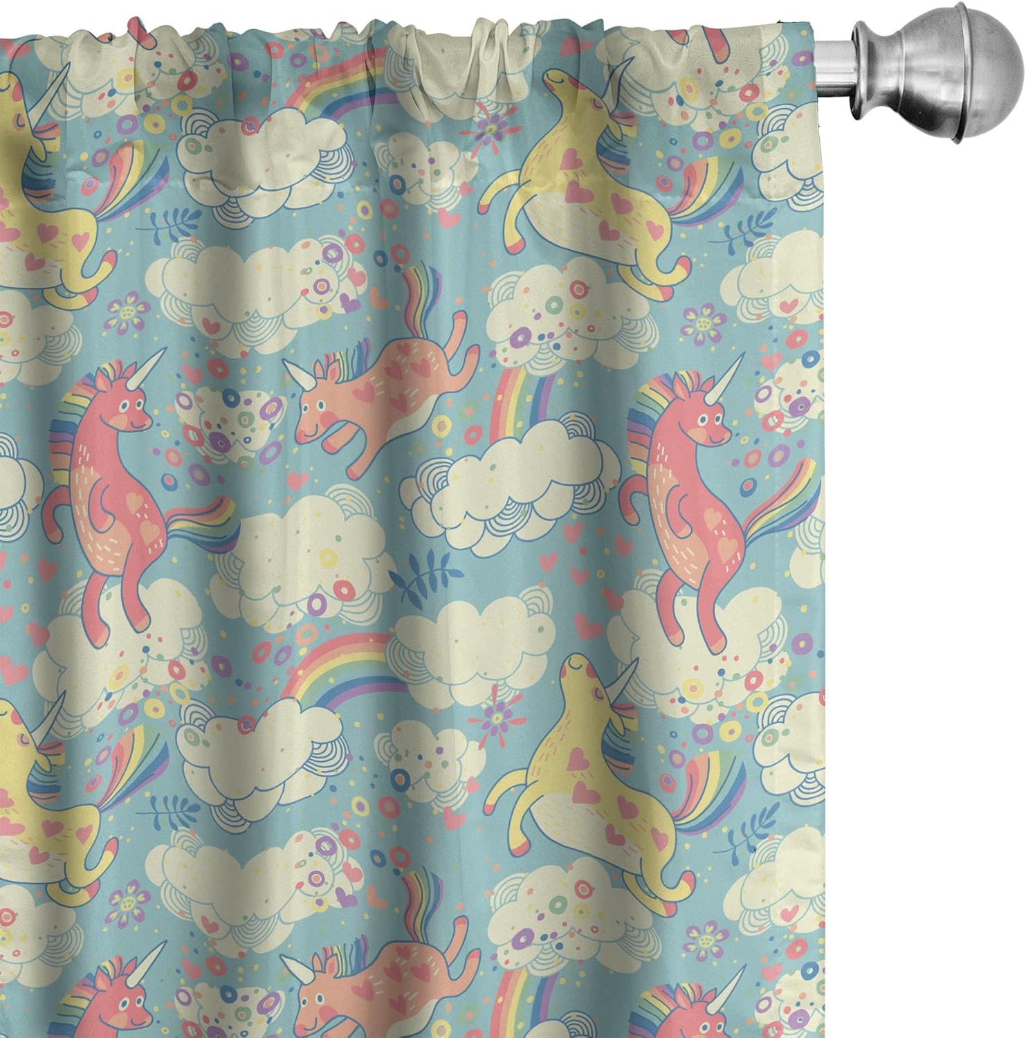 Ambesonne Pastel Window Curtains, Rainbow Unicorns Flying in Sky with Clouds Cheerful Theme, Lightweight Decor 2-Panel Set with Rod Pocket, Pair of - 28" x 95", Pale Blue
