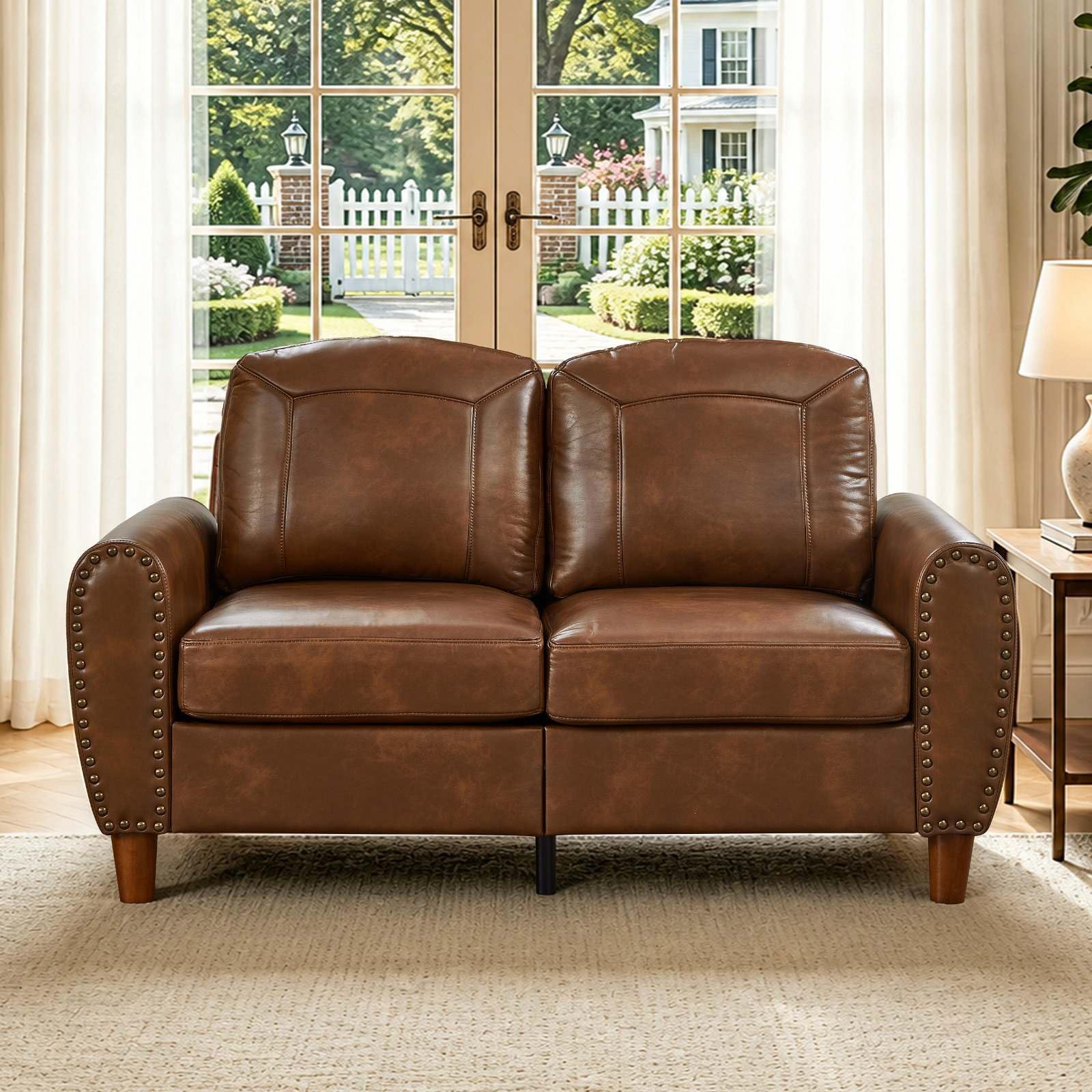 59" Loveseat Sofa with Rolled Arms, Classic PU Leather Couch, Brown image 3