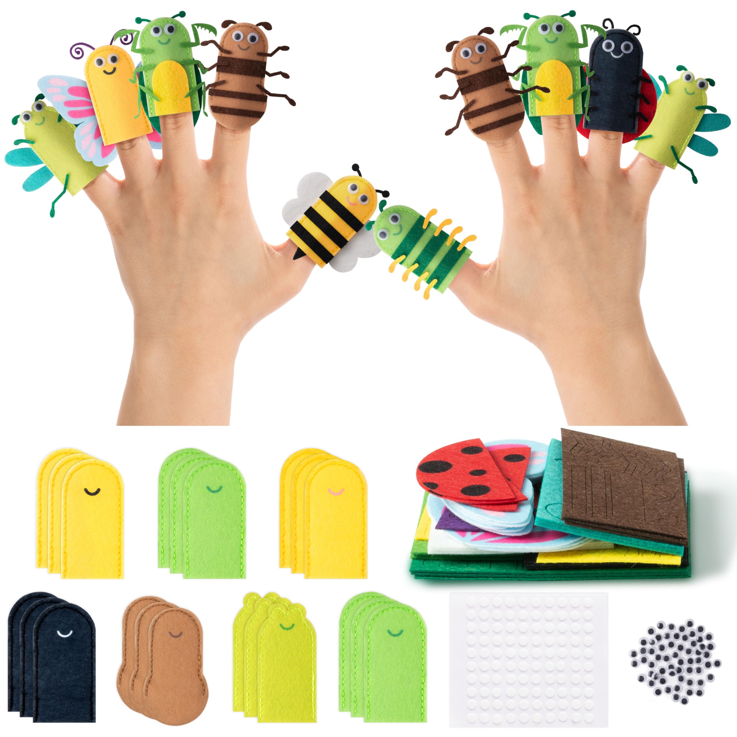 COcnny Insect Finger Puppets Craft - 21pcs DIY Bugs Felt Hand Puppet Toy Making Kit for Toddlers Kids Ages 3 4-8, Make Your Own Story Telling Role Playing, Spring Party Classroom School Art Supplies