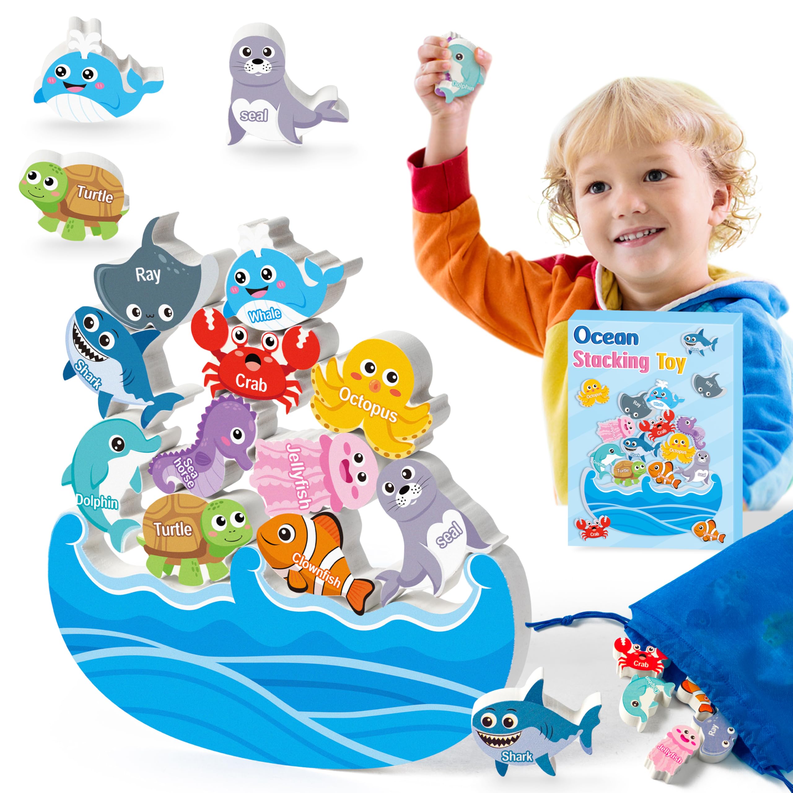 FoszaSzept Wooden Stacking Toys, Animal Wooden Balance Stacking Toys with Drawstring Bag, Montessori Balance Competition Storage Game for Party Favors