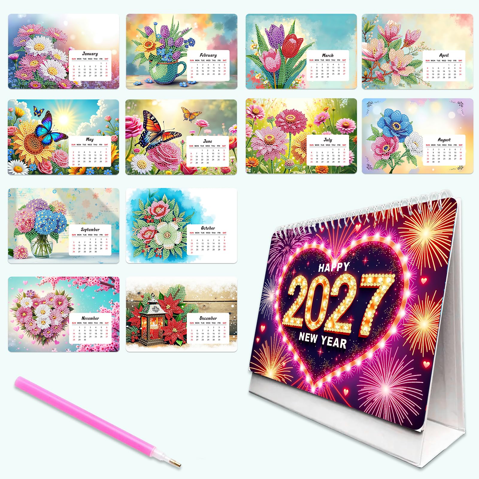 Aukojoy 2027 DIY Diamond -Painting Calendar Set with Irregular Shaped Diamonds Diamond Art Desk Calendar Fade-Resistant for Adults/Beginners Gift for Idea Home Decor