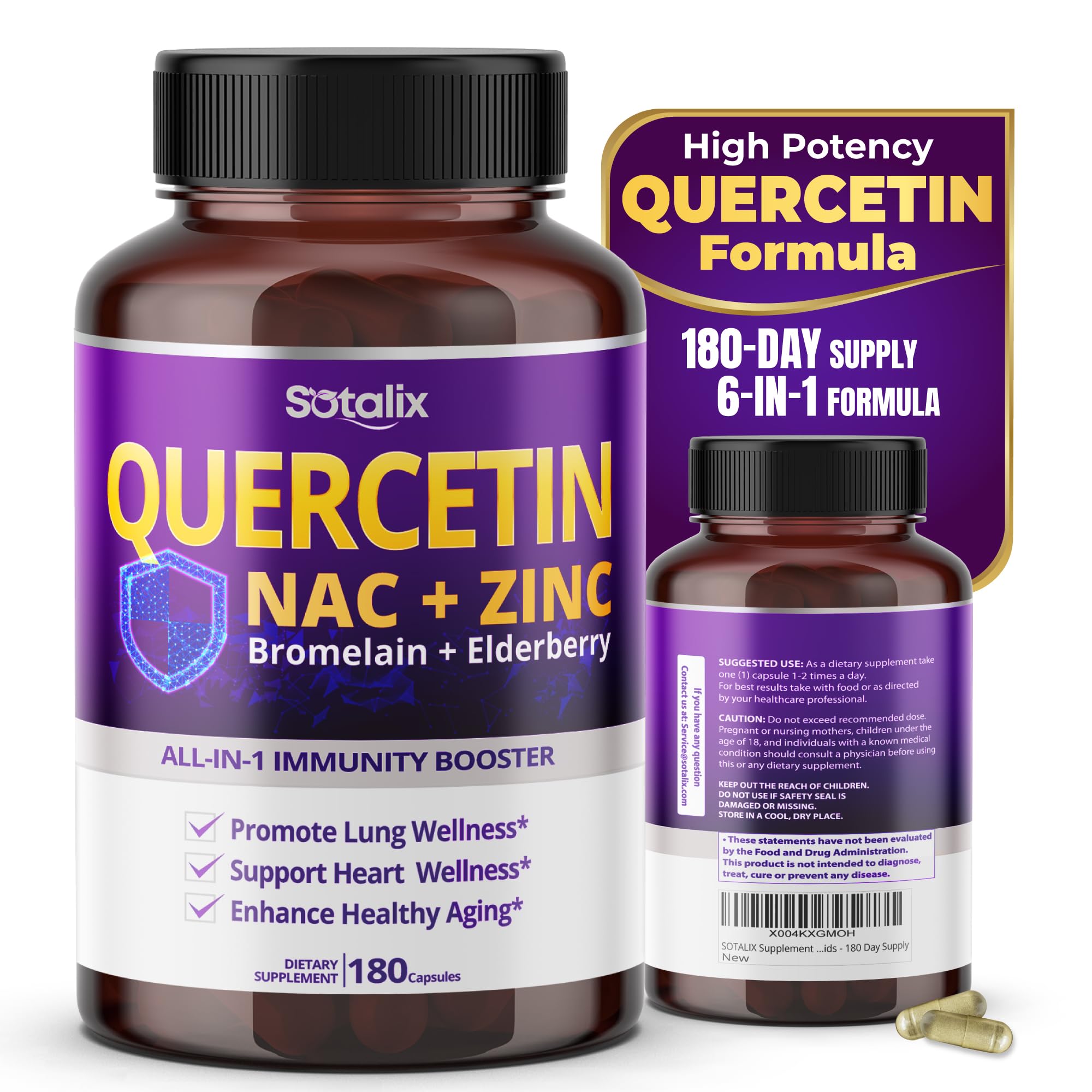 SOTALIX Supplement Premium Quercetin 98% High Purity with Bromelain, Zinc, Vitamin D3 2000 IU, Elderberry - Cardiovascular Respiration Immune Support for Adult Kids - 180 Day Supply