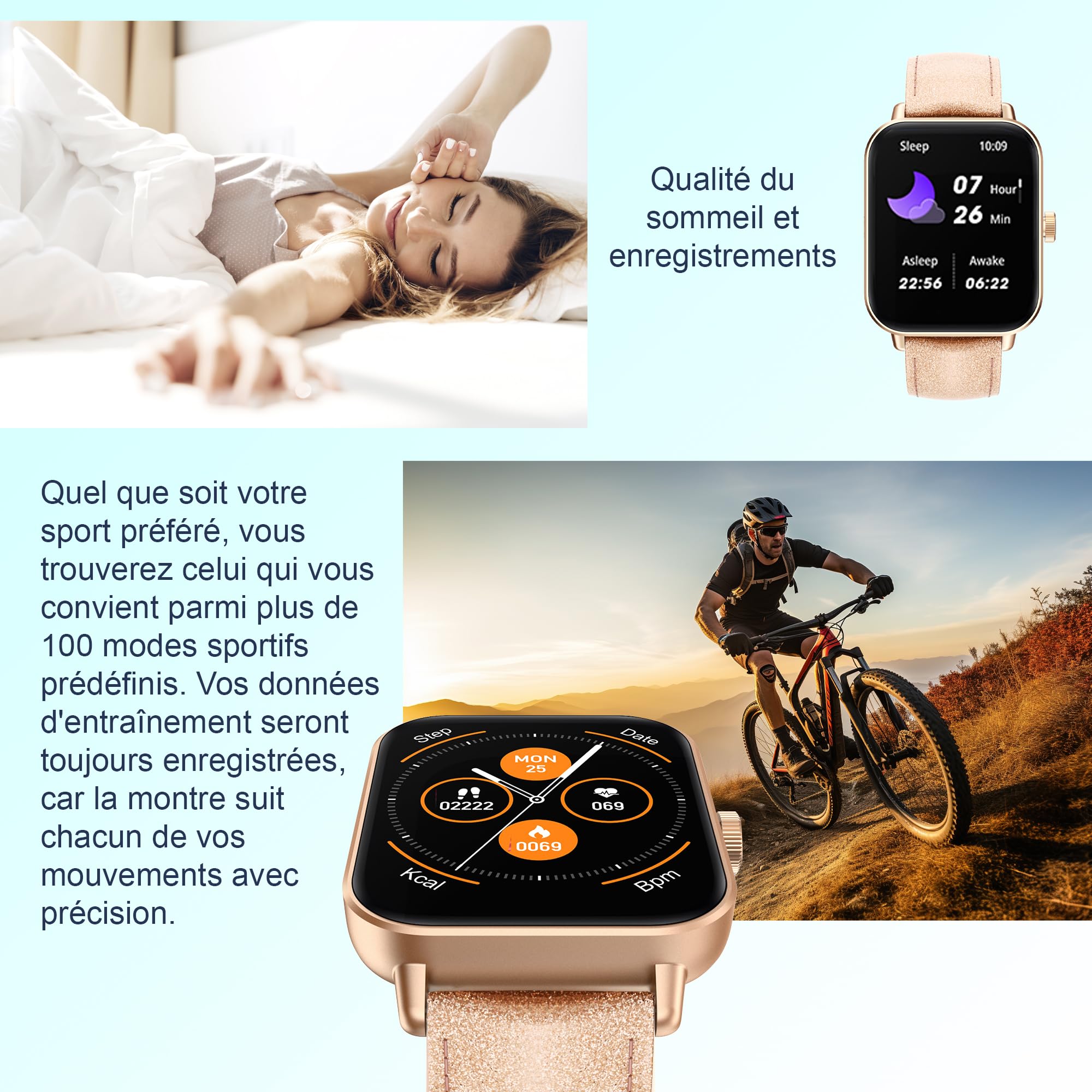 Digitec Montre connectée Square Rose-dorée, avec Bracelet doré-Rose pailleté en Cuir, Femme, Suivi activité et Sommeil
