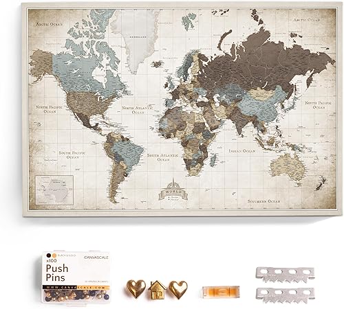 Miniatura 11 de Mapamundi de Lienzo con Tablero de Corcho y Alfileres - Letras en Inglés - Decoración de Pared Decorativa para Todas las Habitaciones - Cuadros de