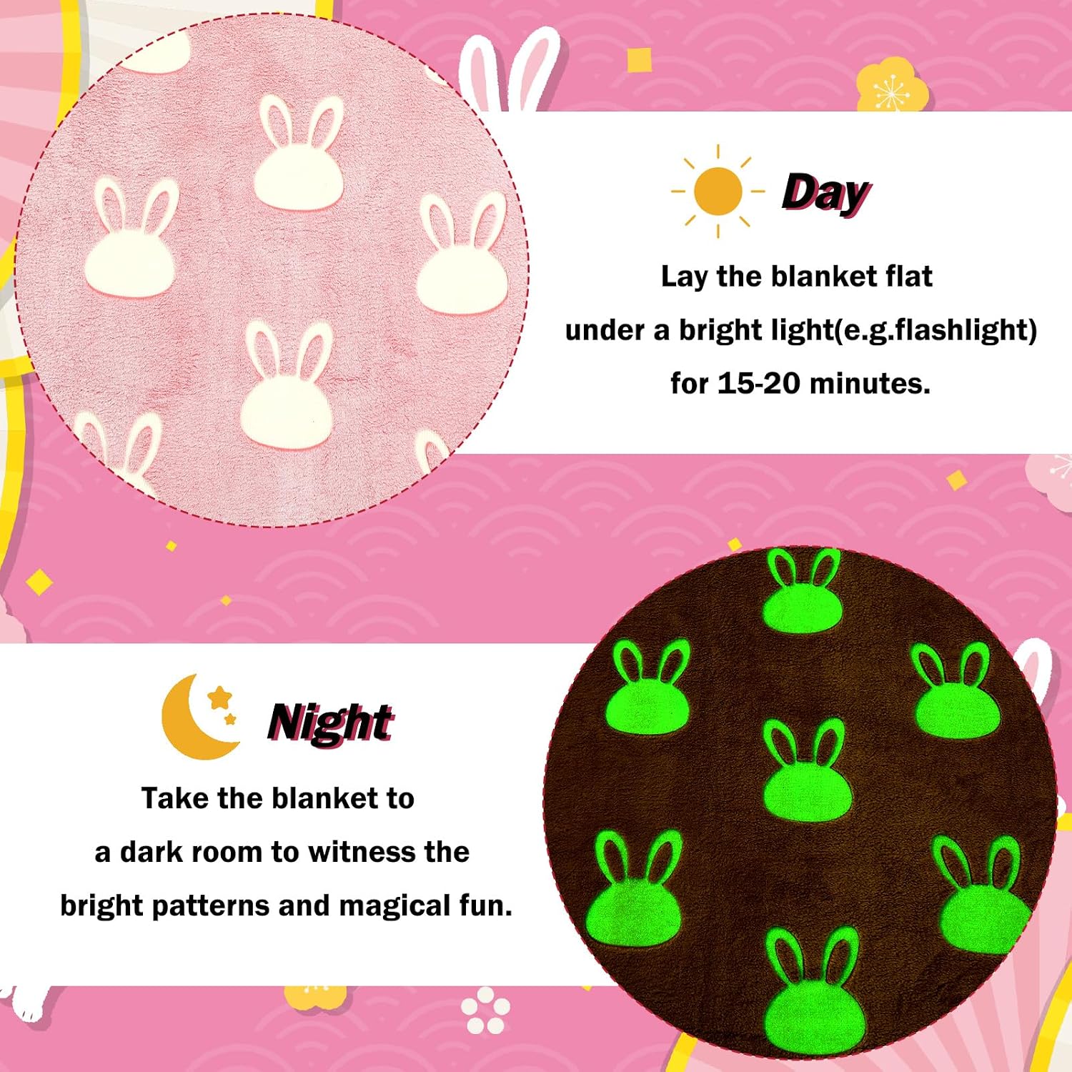 Easter Bunny Blanket Pink Glow in the Dark Bunny Throw Blanket | Glowing Rabbit Pattern Lights up at Night, 50x60 Inch Cozy for Party Bed Couch Travel, Easter Birthday Gift