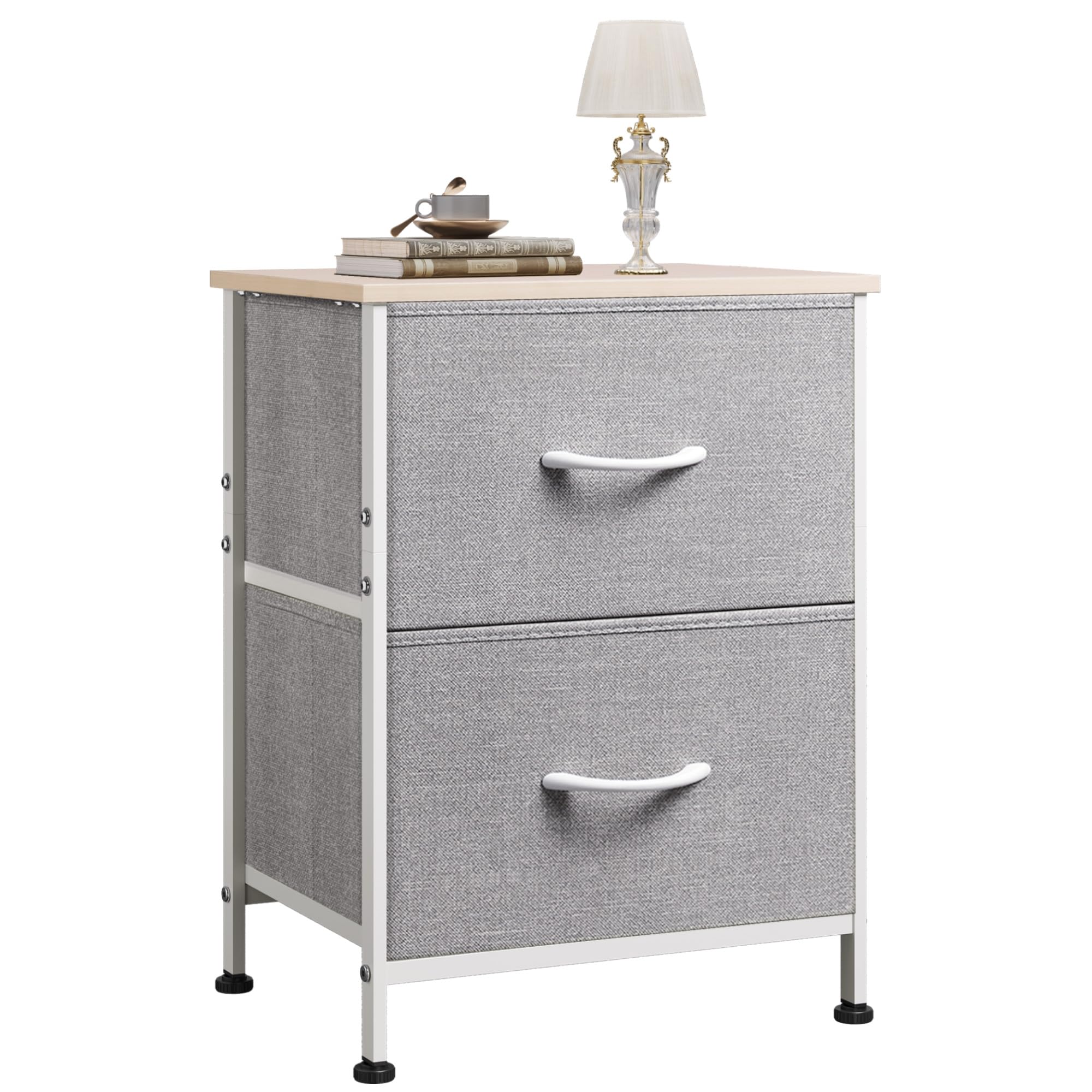 WLIVE Night Stand, Gray Nightstand with 2 Fabric Drawers, Small Dresser for Bedroom, Closet, College Dorm, End Table Side Furniture, Wood Top, Light Grey