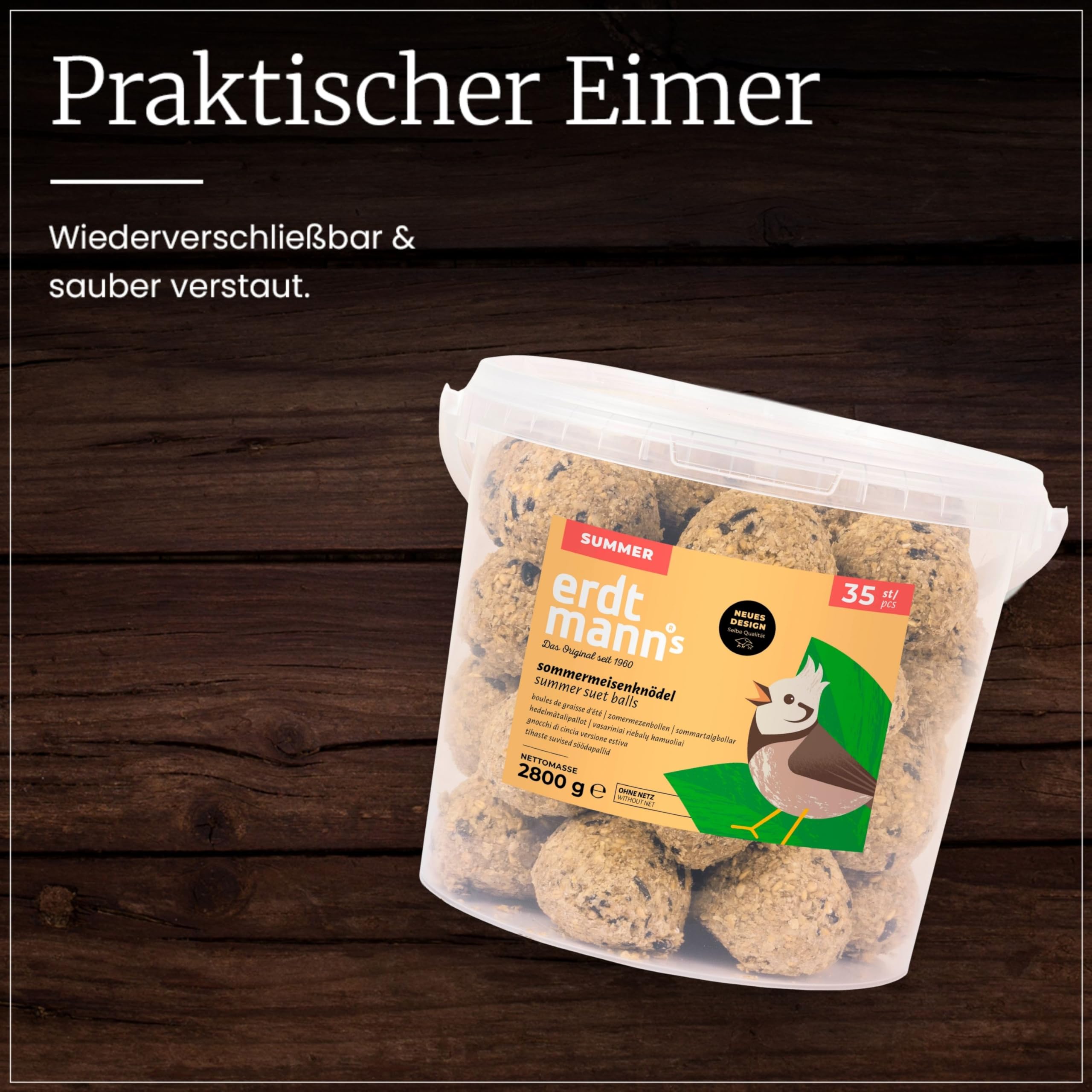 Erdtmanns Sommer-Meisenknödel ohne Netz im Eimer 3 kg – nachhaltige Vogelfütterung mit Fruchtpellets & Getreideflocken – leichte Nahrungsaufnahme – ideal für Sommerfütterung