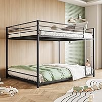 Vista 1 de JURMERRY Litera de metal tamaño matrimonial sobre camas matrimoniales con barandilla de protección resistente y escalera, diseño que ahorra espacio
