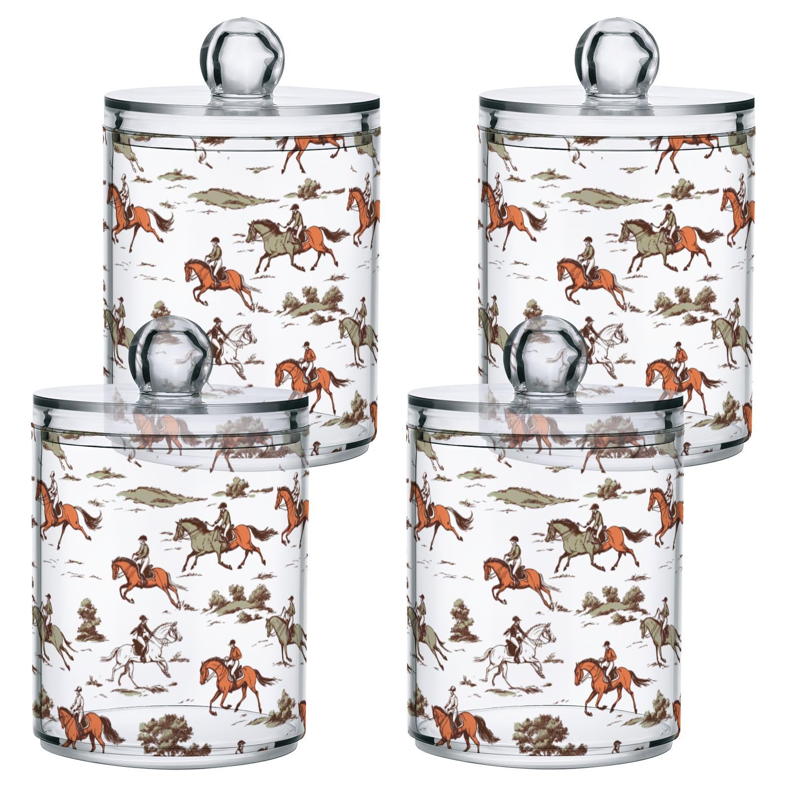 Gredecor 2 Pack Qtip Holder Clear Retro Equestrian Sport Horse Riders (1) Apothecary Jars with Lids Acrylic Bathroom Jars Vanity Countertop Canister Storage Organizer for Cotton Ball,Swabs,Pads,Flos