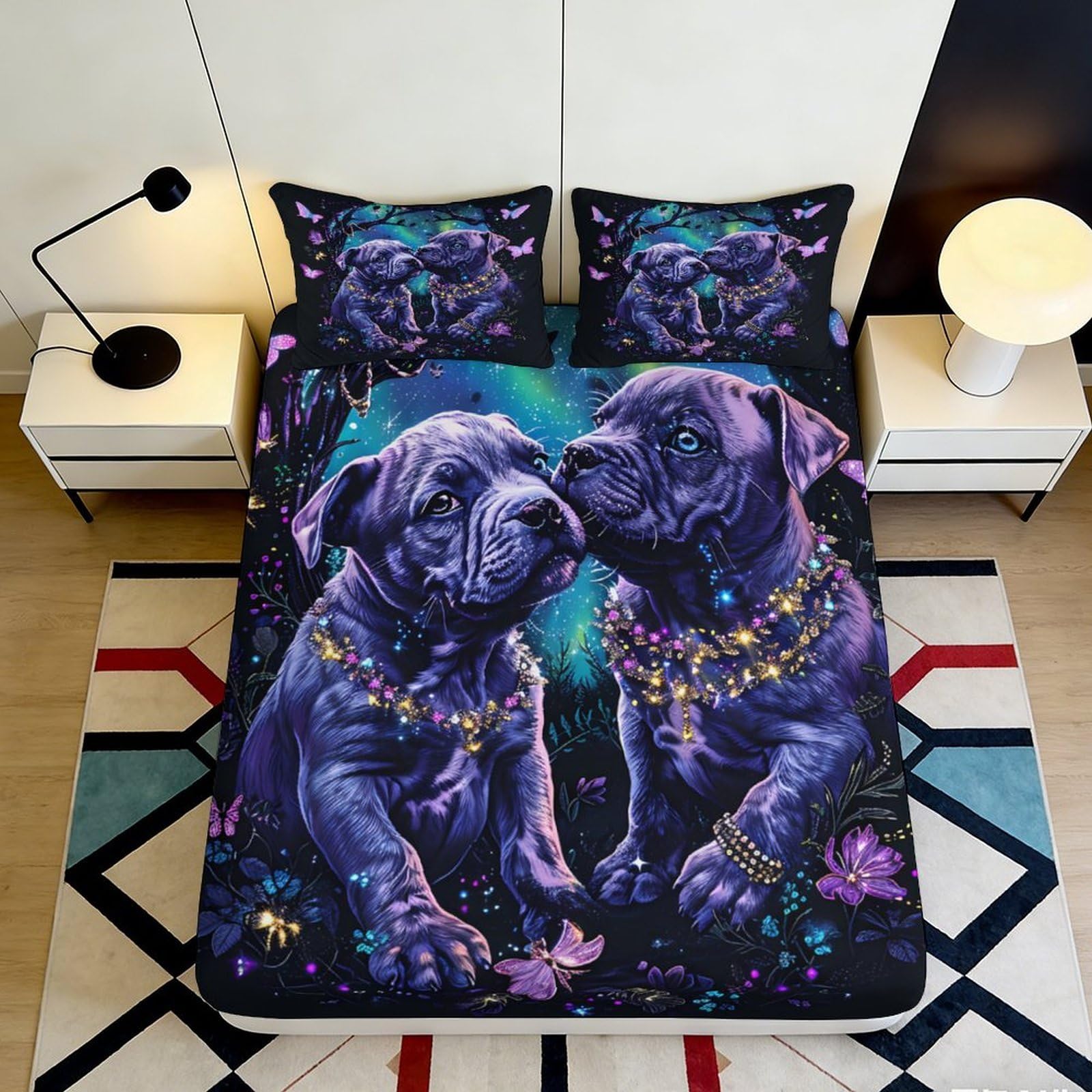 3D Printed Purple Puppy Fitted Sheet Microfiber Soft Non-Slip Mattress Cover for Bedroom Dorm Easy Care Decor 140x200x25cm