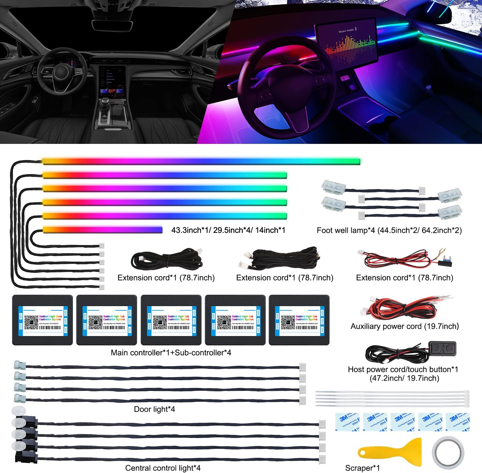 Dreamcolor Acrylic Interior Car LED Strip Light with Wireless APP, RGB 18 in 1 with 175 inches 600 LEDs Fiber Optic Car Ambient Lighting Kits, Dual zone Sound Active Function LED Strip for Car