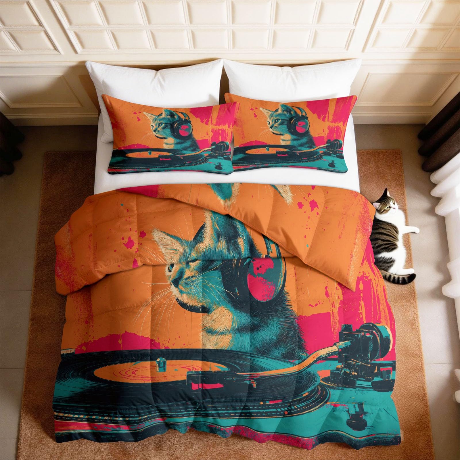Generisch Edredón de 200 x 200 cm, diseño pop art reversible, suave y cómodo, con auriculares musicales, gato, sin funda, lavable, color naranja