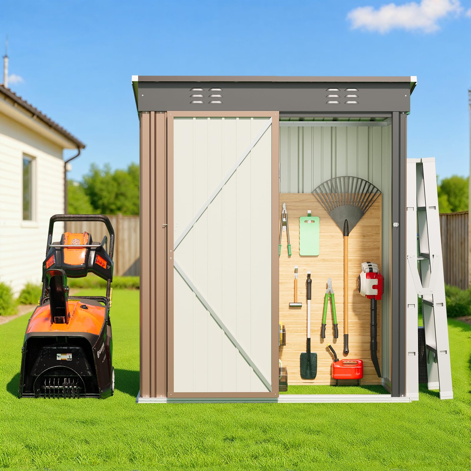 Casetta per attrezzi in metallo,Capanno per Attrezzi da Giardino in Metallo con Ripiani Regolabili, Tetto Inclinato, Prese d'Aria,per Prato, Patio e Cortile 161x94x182CM,Marrone