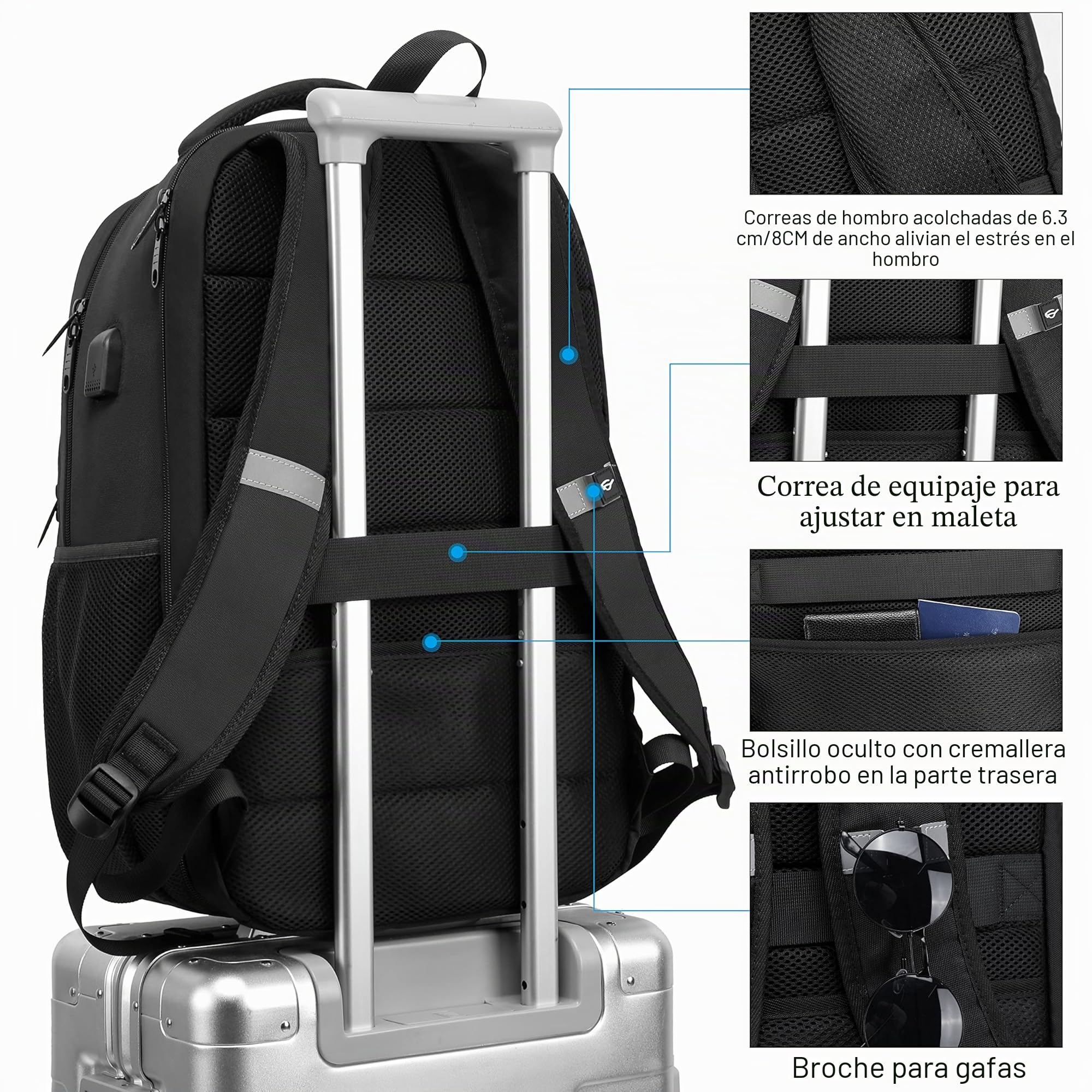Mochila para computadora portátil, Bolsa de Viaje para computadora portátil, Bolsa universitaria antirrobo para Hombres, Mochila de Negocios Delgada con Puerto de Carga USB
