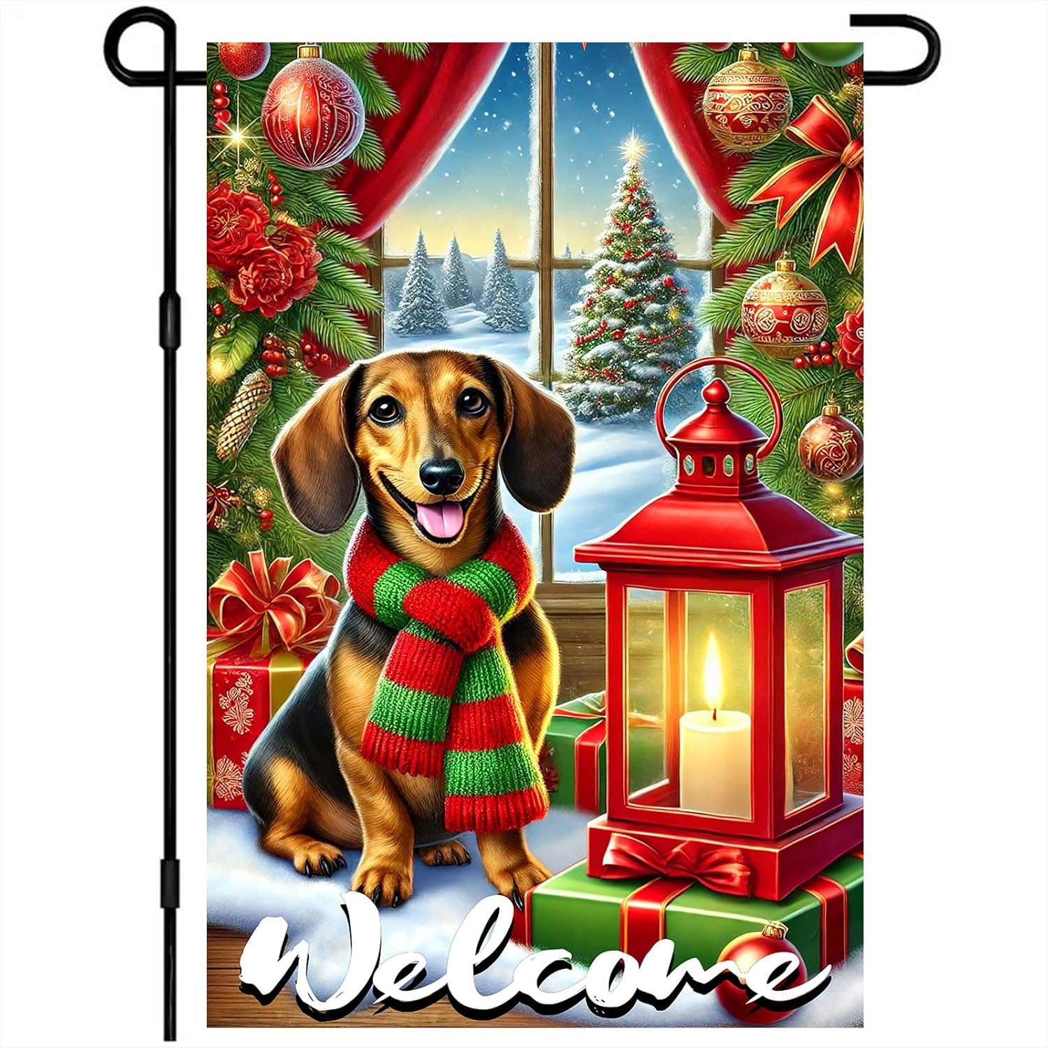 BlissYard Christmas Garden Flag 12x18 Inch Christmas Dog Garden Flag Dachshund Welcome Yard Banner Festive Outdoor Winter Flag Seasonal Patio Lawn Decor