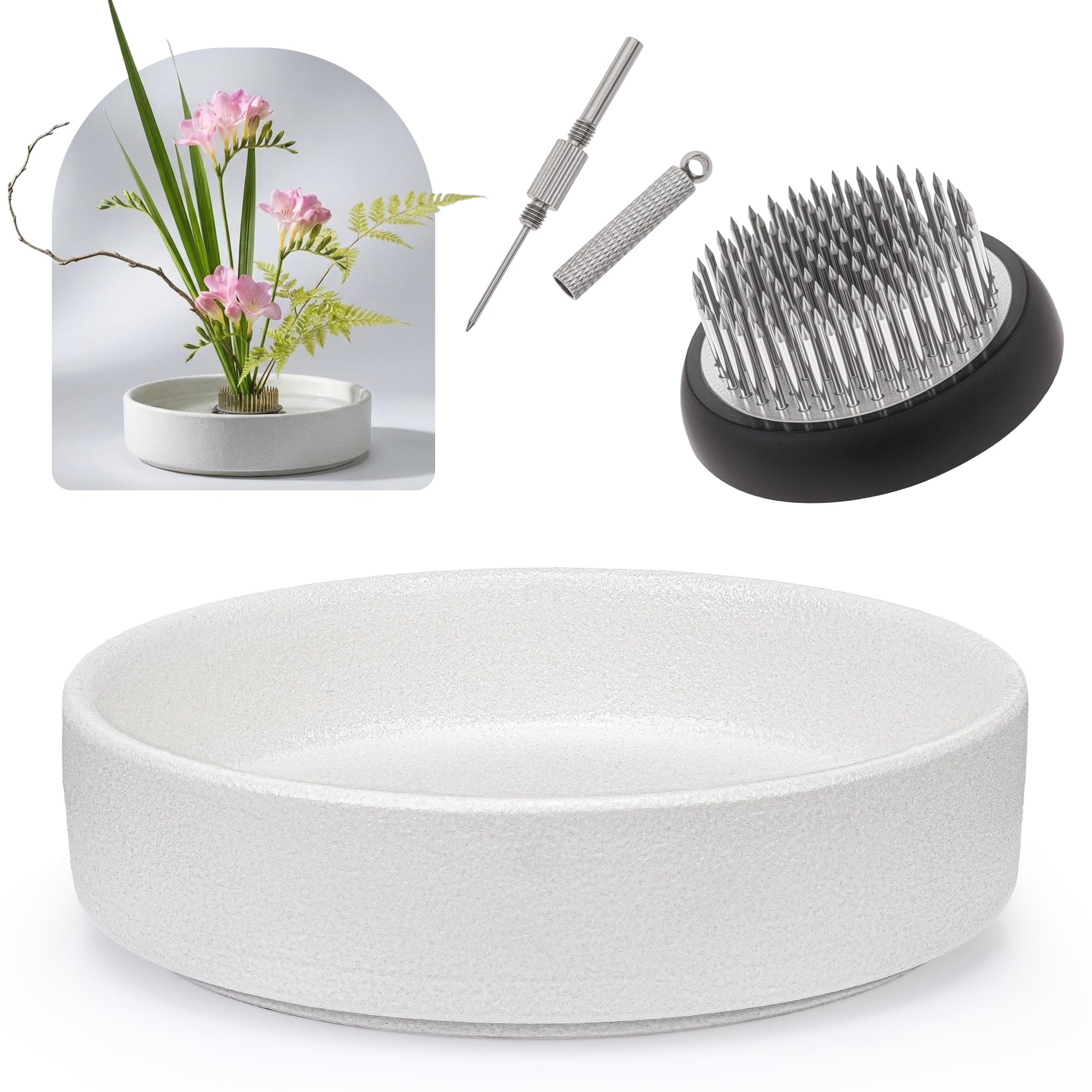 Meiwlong Flower Frog Vase Kit,Japanese Ikebana Vases Flowers Arrangement Ceramic Flower Pot Flower Frog Floral Arrangement Vase Kit(White)