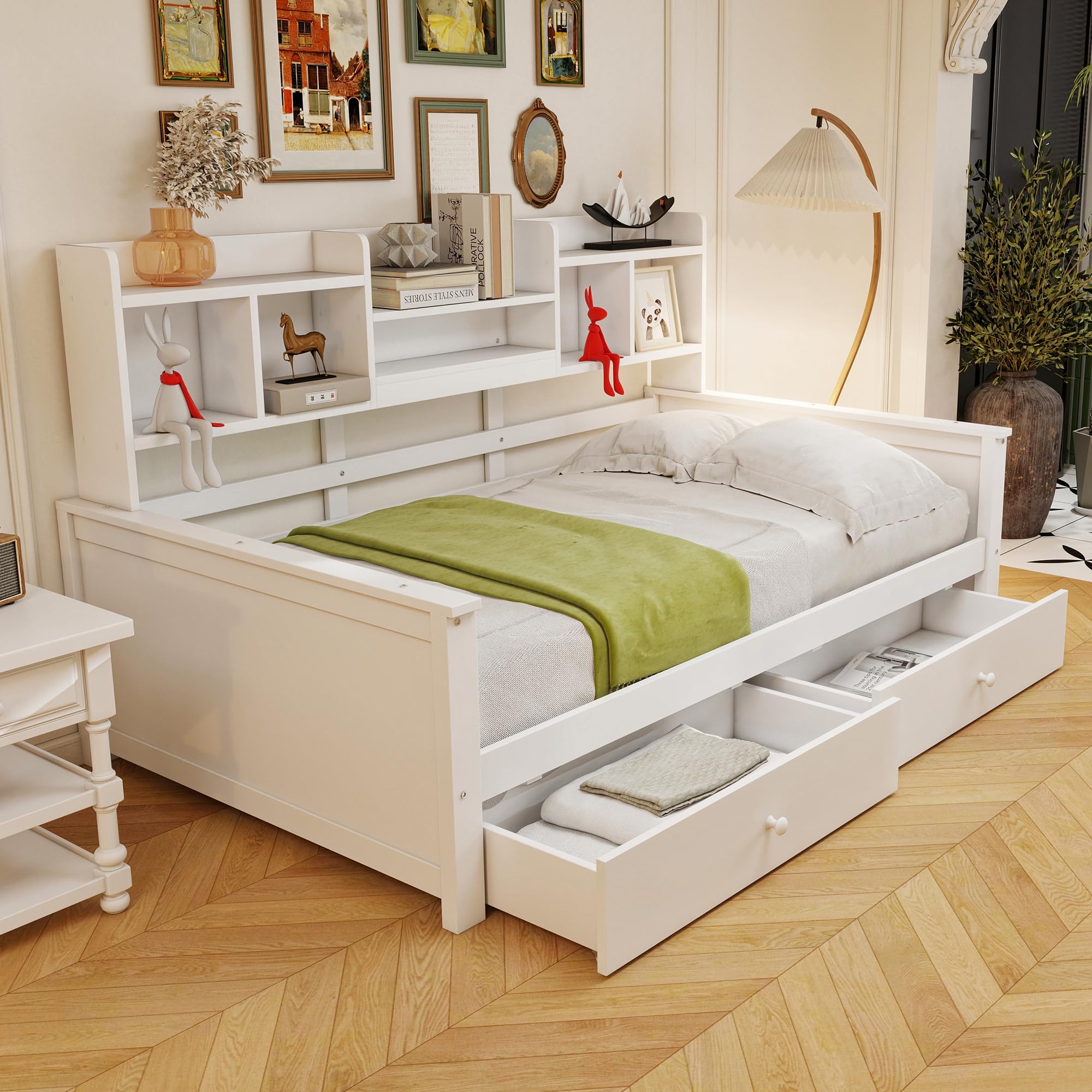 Cama Individual 90 x 200 cm Con Cajones y Estantes - Sofá Cama, Somier, Infantil, Juvenil - Madera Maciza Sin Colchón (Blanco)