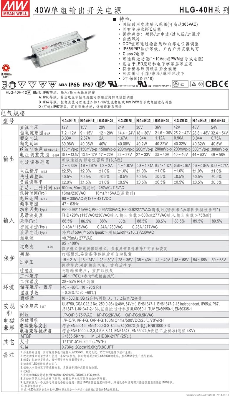 MEAN WELL HLG-40H-30A 40 W Single Output 1.34 A 30 Vdc Output Max IP65 Switching Power Supply - 1 item(s)